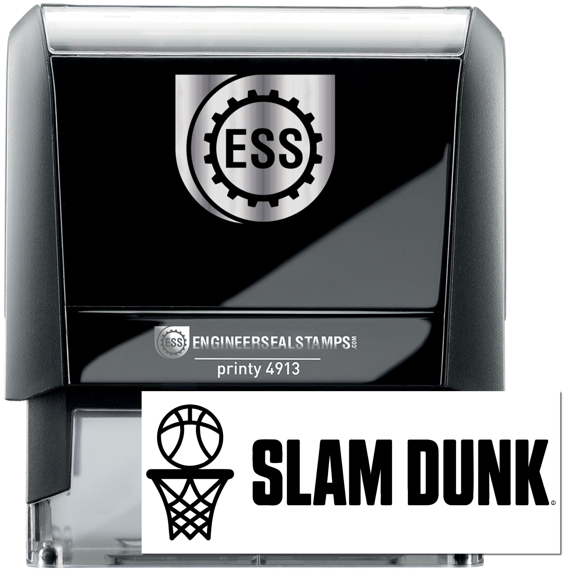 Black self-inking ESS stamp and seal with silver accents, featuring a Slam Dunk basketball logo and printy 4913 label