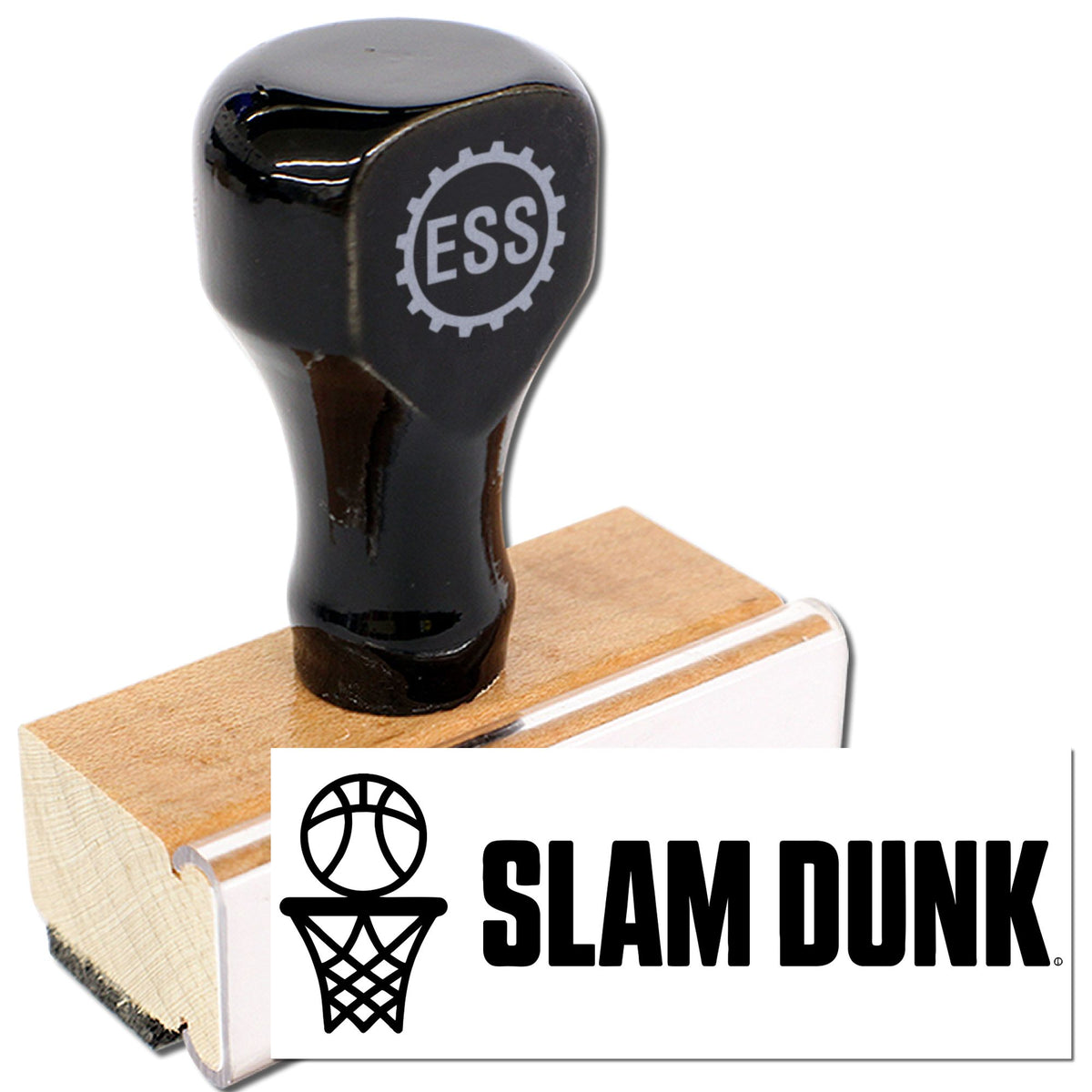 Acorn Elementary Teacher Stamp with "ASKED A GREAT QUESTION" rubber reward stamp on black ink pad, featuring wooden handle.