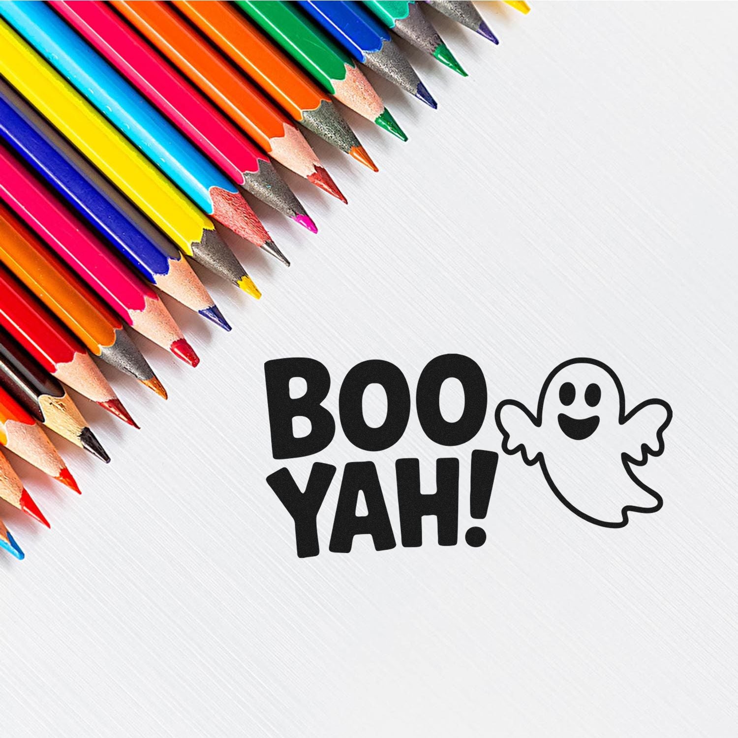 Colorful pencil-themed stamp and seal design with BOO YAH text, smiling ghost, and white background.