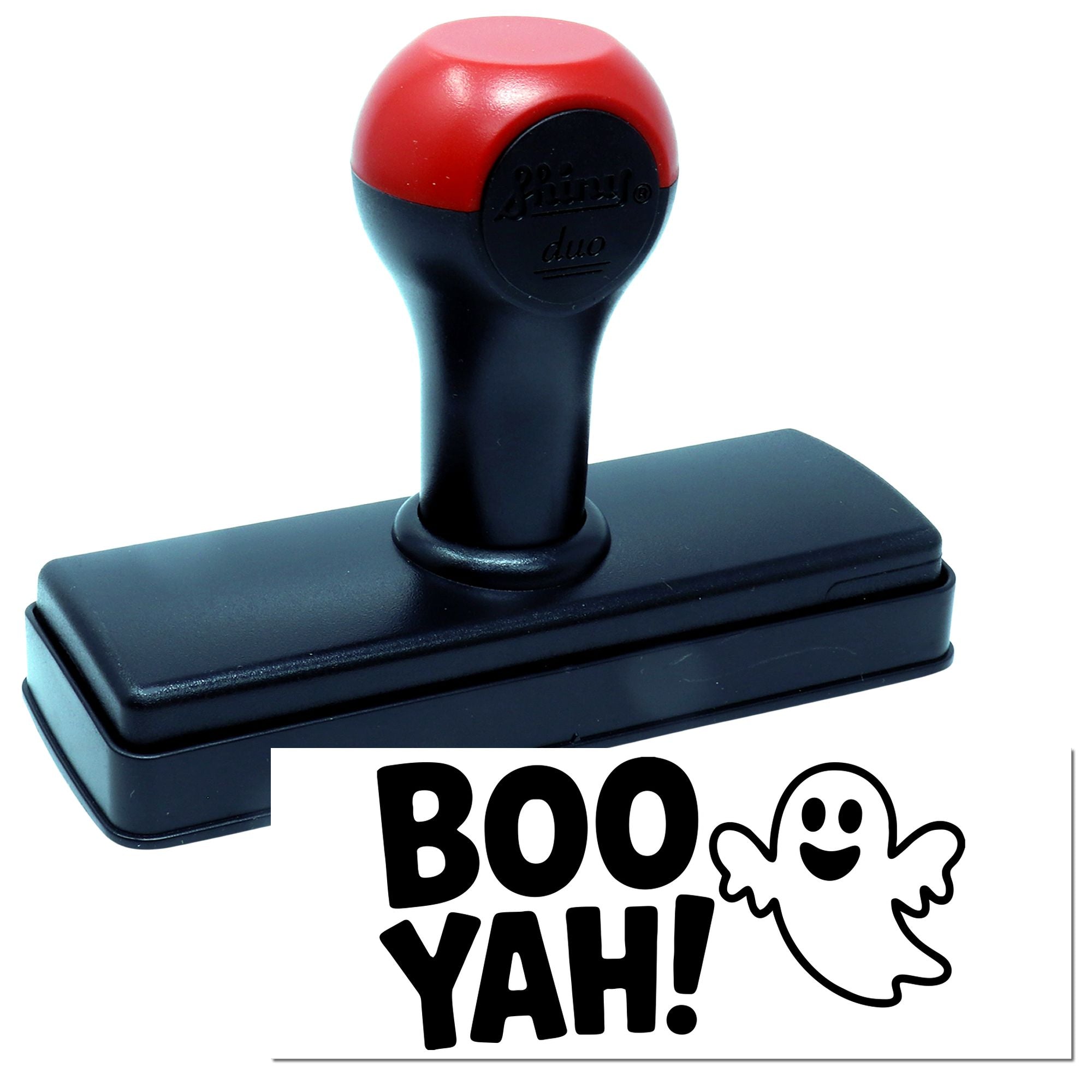 Red and black self-inking stamp and seal with rectangular base, showing a BOO YAH! ghost imprint.