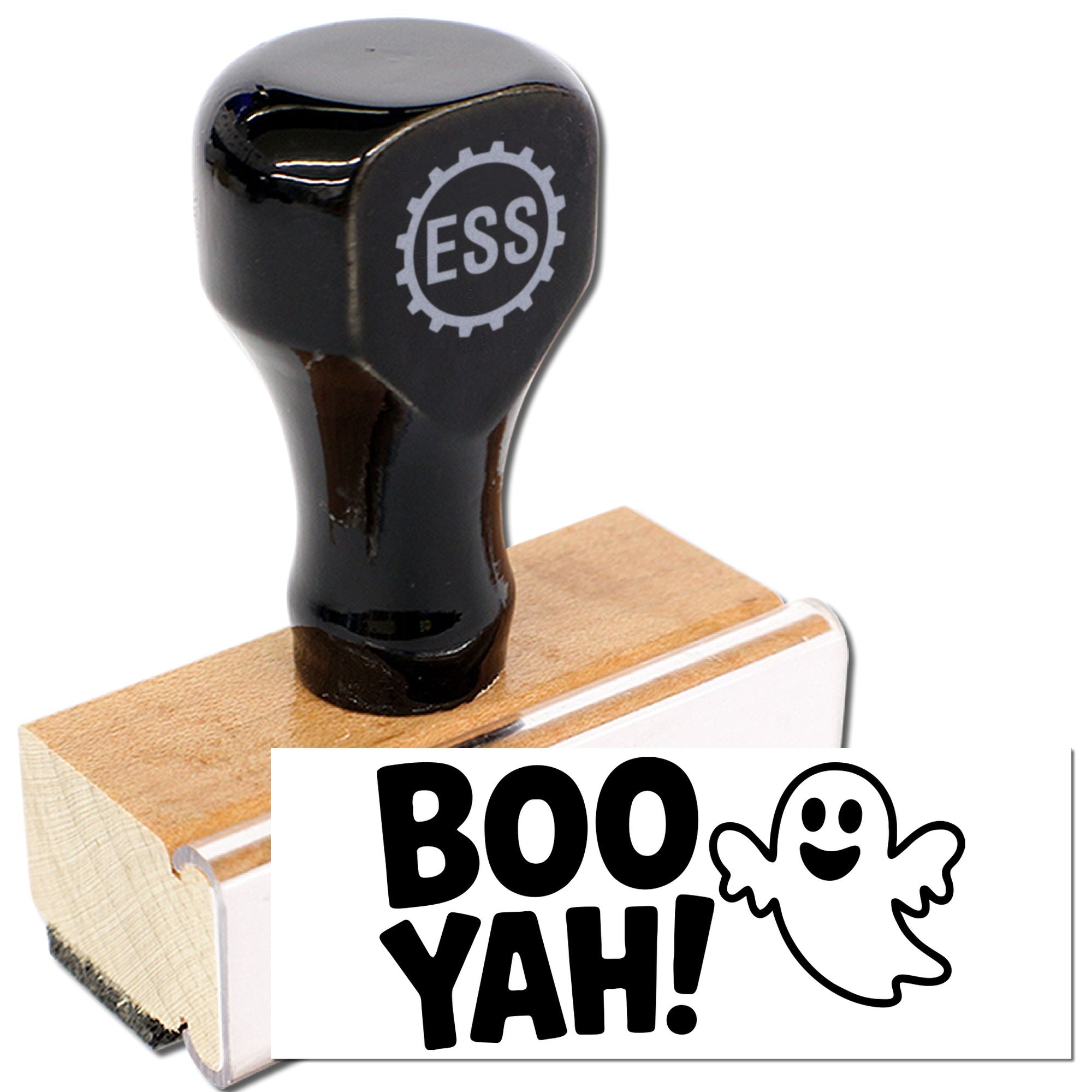 Black rubber stamp and seal on wood base, showing ESS logo and BOO YAH! ghost graphic in white.