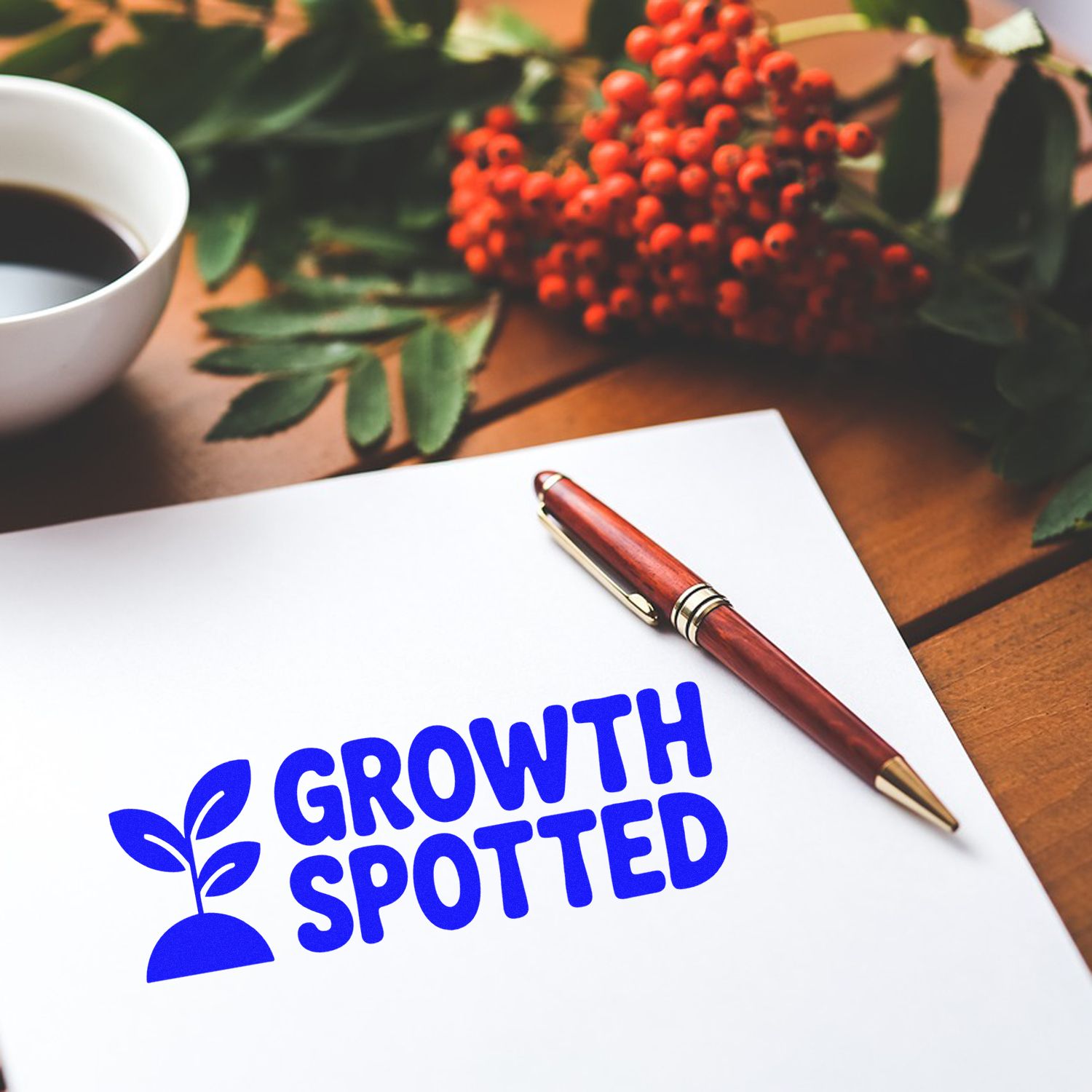 Blue Growth Spotted custom stamp seal on white paper with pen, coffee cup, and red berries.