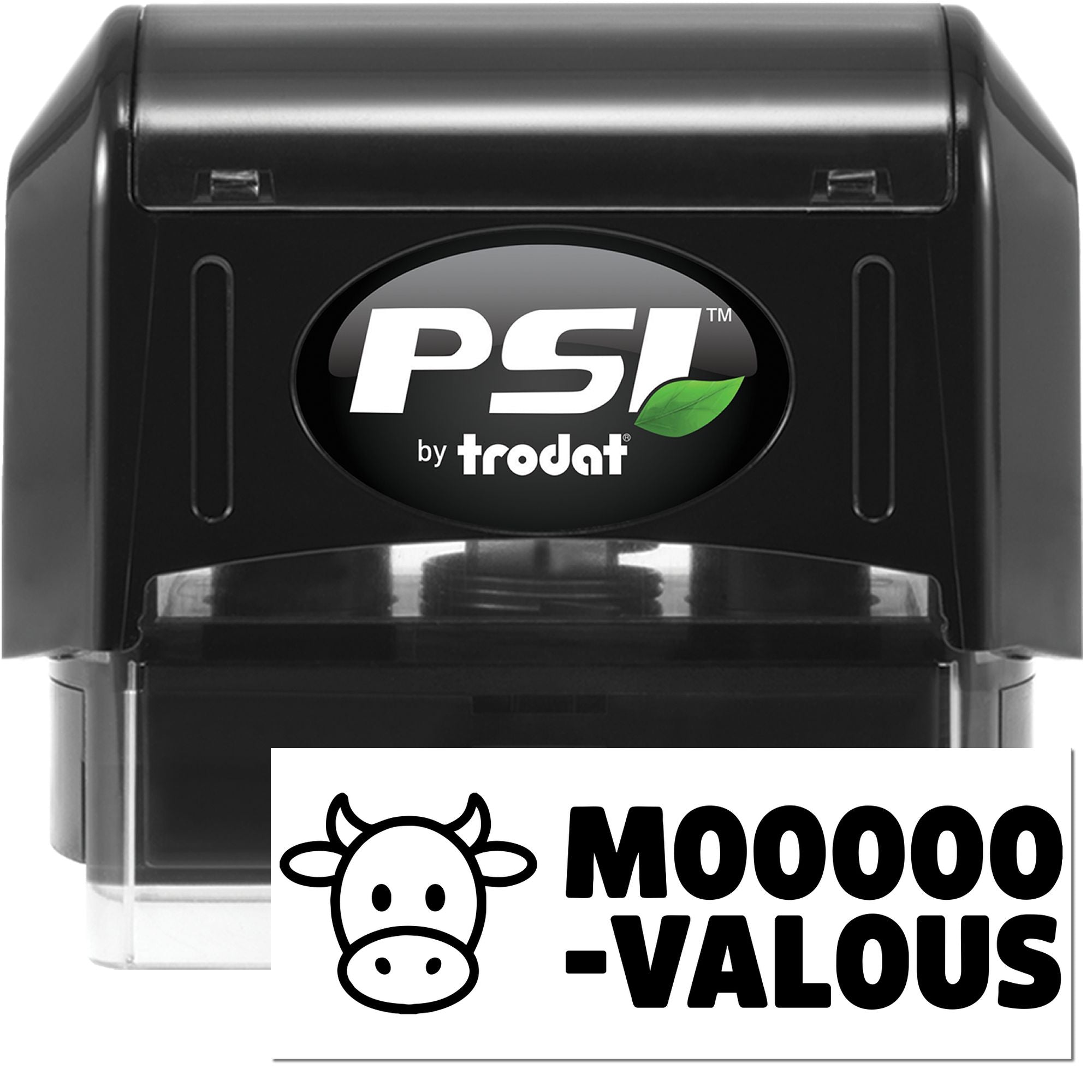 Black PSI by Trodat self-inking stamp and seal with cow icon and MOOOO-VALOUS text on white card