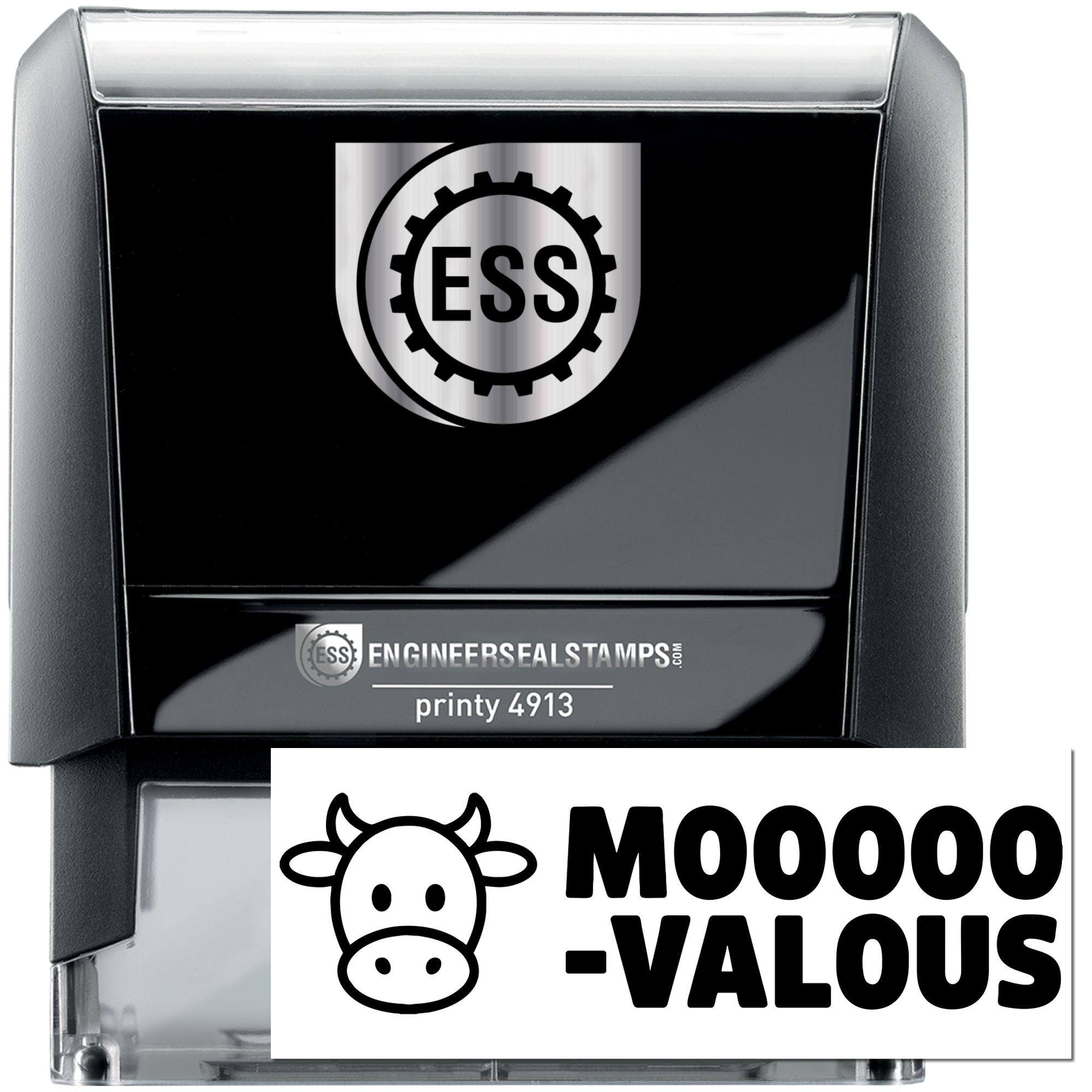 Black self-inking engineer seal stamp with silver ESS logo, printy 4913, and cow-themed Moooo-VALOUS design.