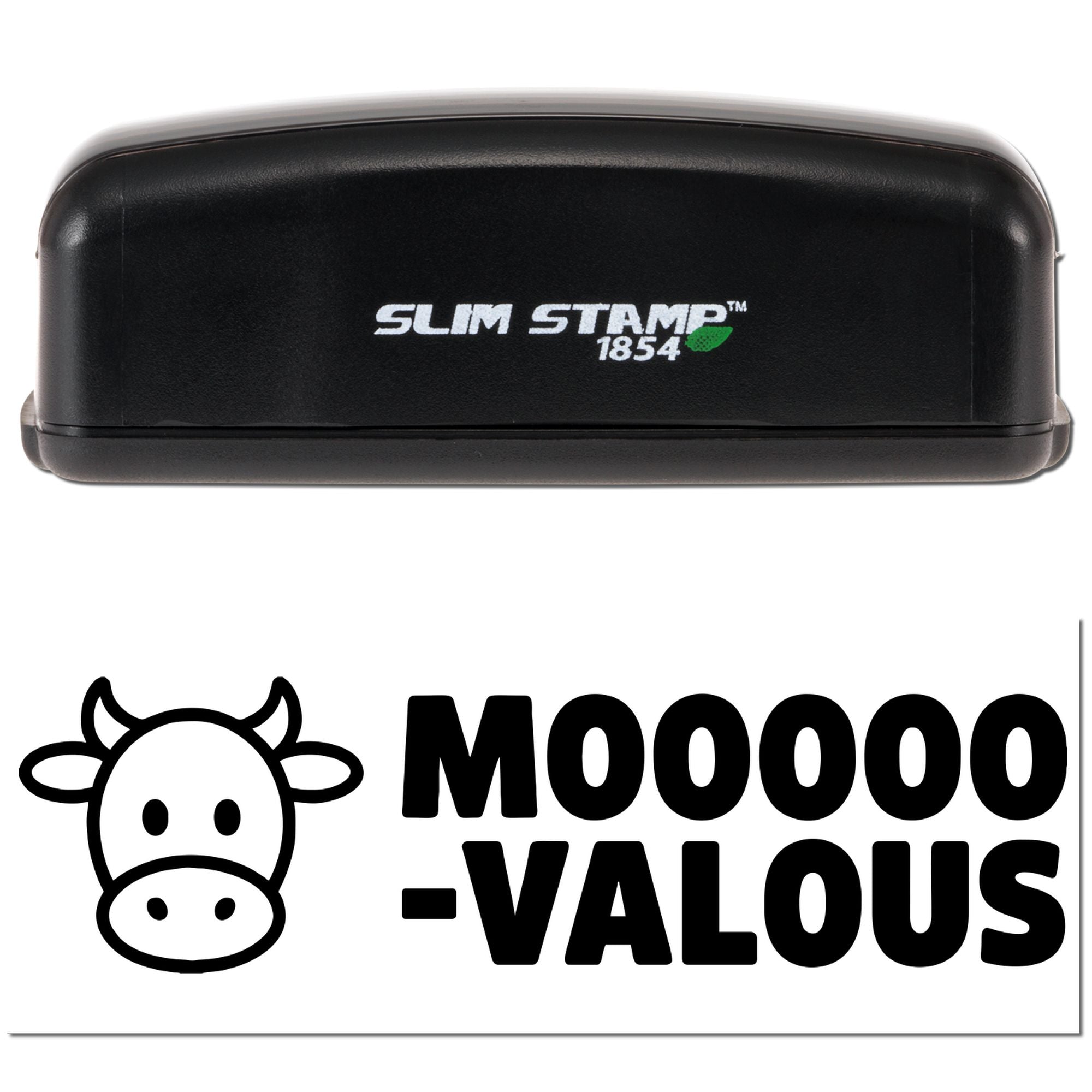 Black Slim Stamp 1854 stamp case above a white cow-themed seal design with bold black MOOOO-VALOUS text.