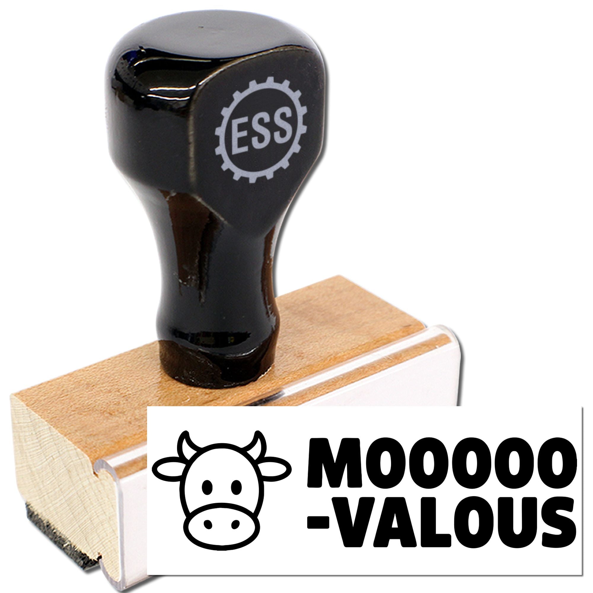 Black ESS stamp and seal on a wooden block, with a cow-themed white label and MOOOOO-VALOUS text.