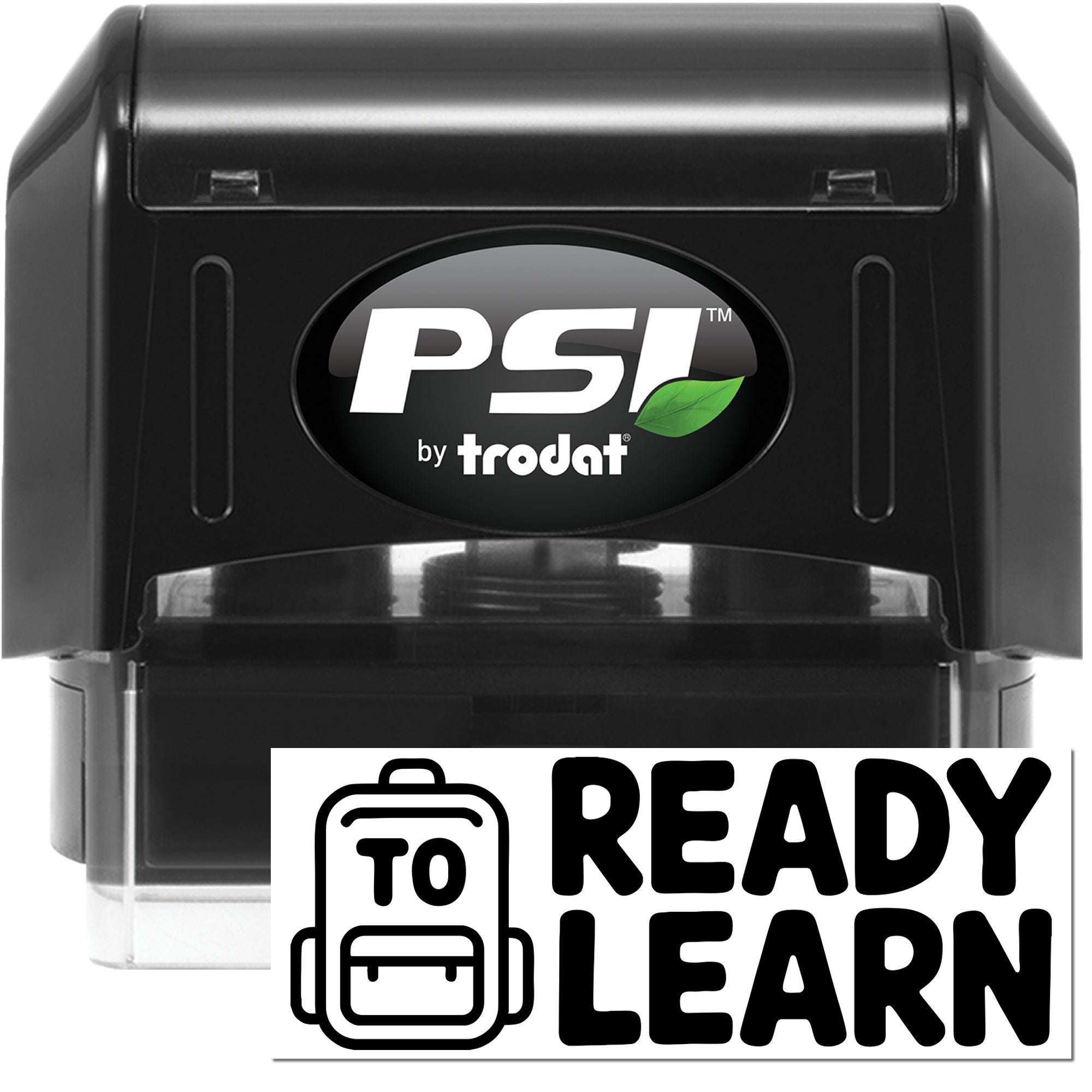 Black PSI by Trodat self-inking stamp and seal with green leaf logo and Ready Learn badge.