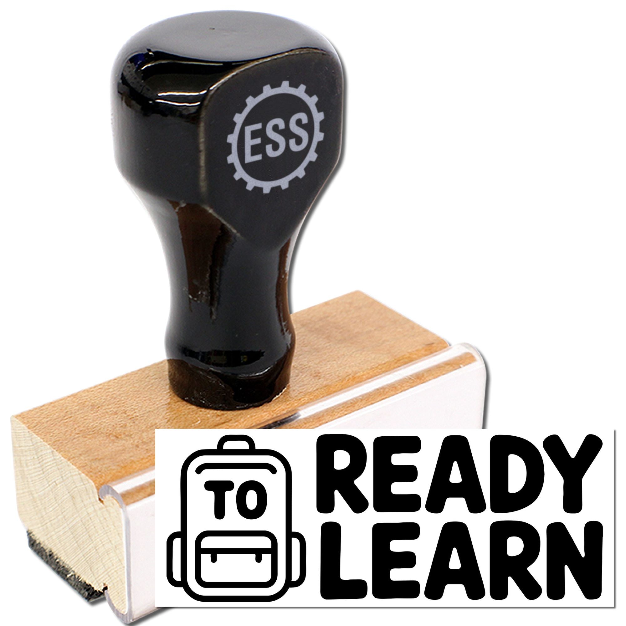 Black ESS stamp and seal on tan wooden base with white Ready Learn logo