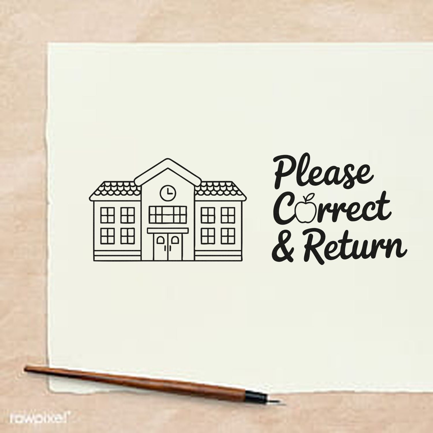 Black Please Correct & Return stamp with schoolhouse icon on cream paper, beside a brown pen.