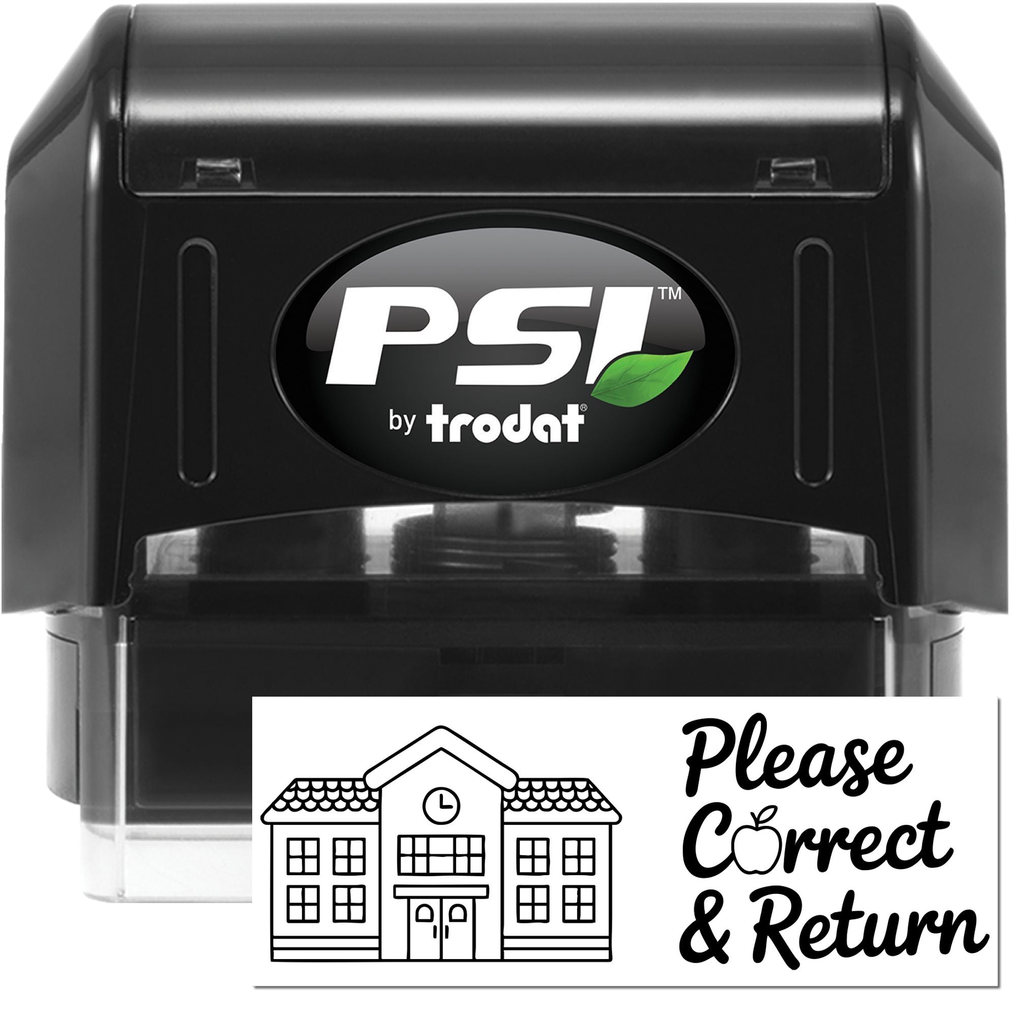 Black PSI by Trodat self-inking stamp and seal with green leaf logo and Please Correct & Return return-address design.