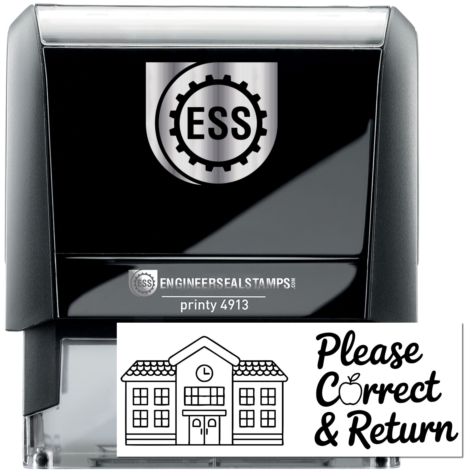 Black self-inking ESS stamp and seal with silver top, showing a white Please Correct & Return return-address insert with house icon.