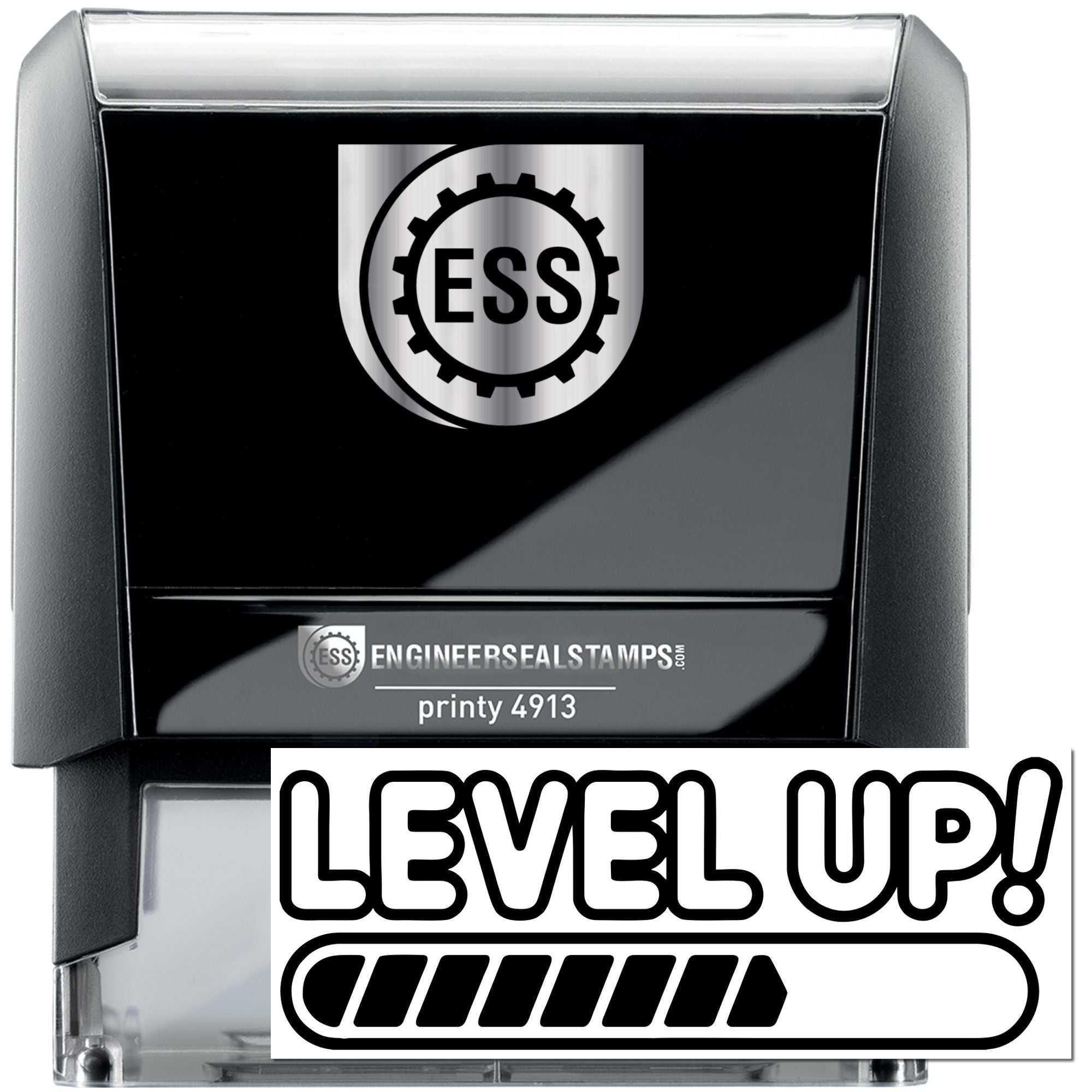 Black and silver self-inking engineering stamp with ESS seal logo and LEVEL UP! text