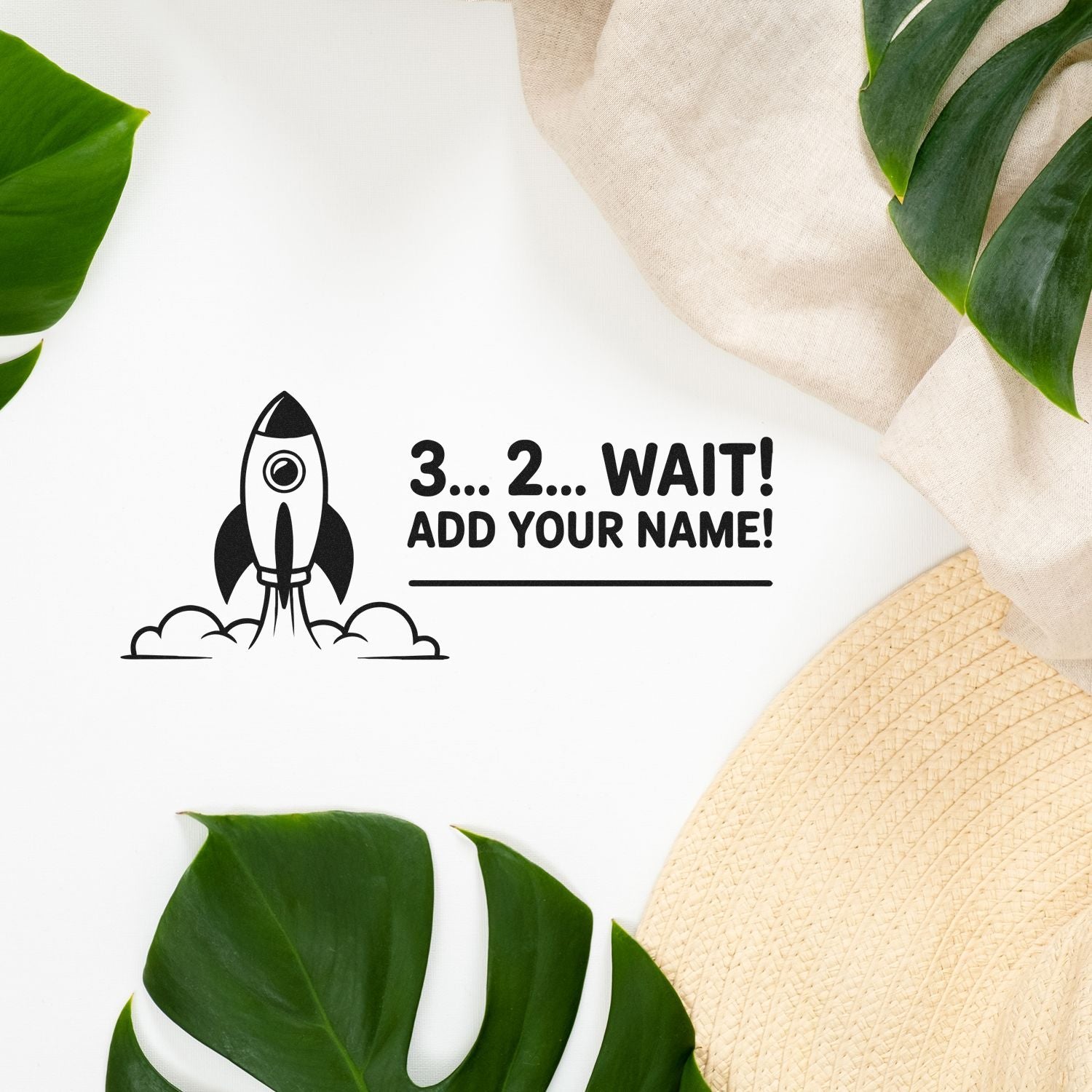 Custom black rocket stamp and seal with 3...2...WAIT! ADD YOUR NAME! on white, framed by green leaves and beige fabric.