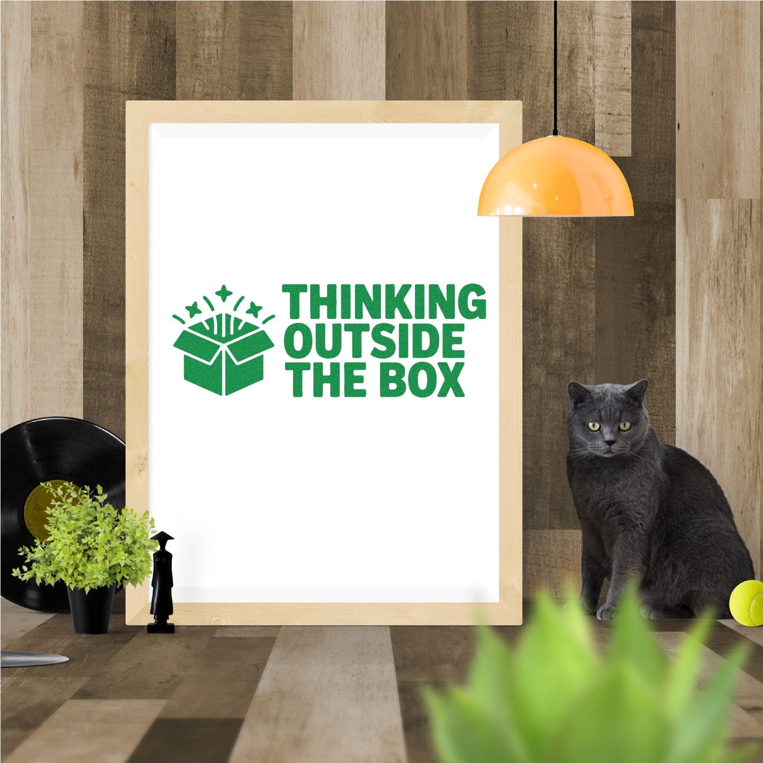 Green Thinking Outside the Box stamp and seal design with box icon on a white framed print against a wood wall.