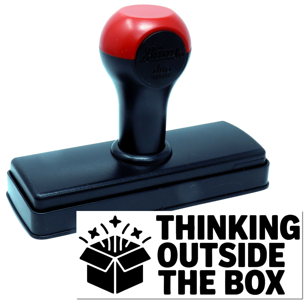Black Shiny Thinking Outside the Box teacher stamp with encouraging message for classroom use, featuring a rectangular design.