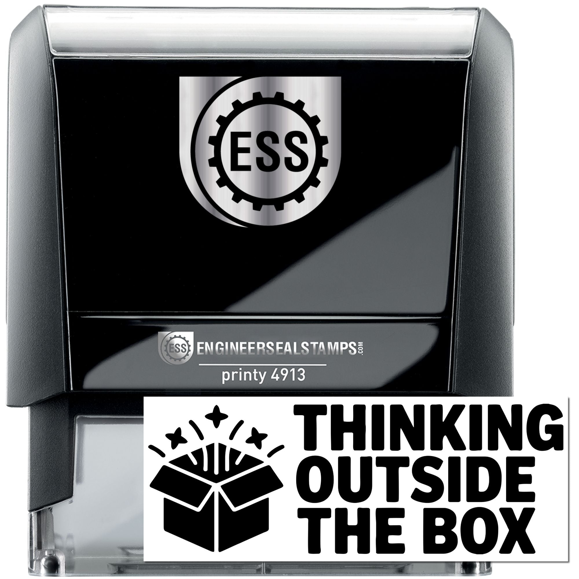 Black self-inking ESS stamp and seal with silver logo and white Thinking Outside the Box design insert.