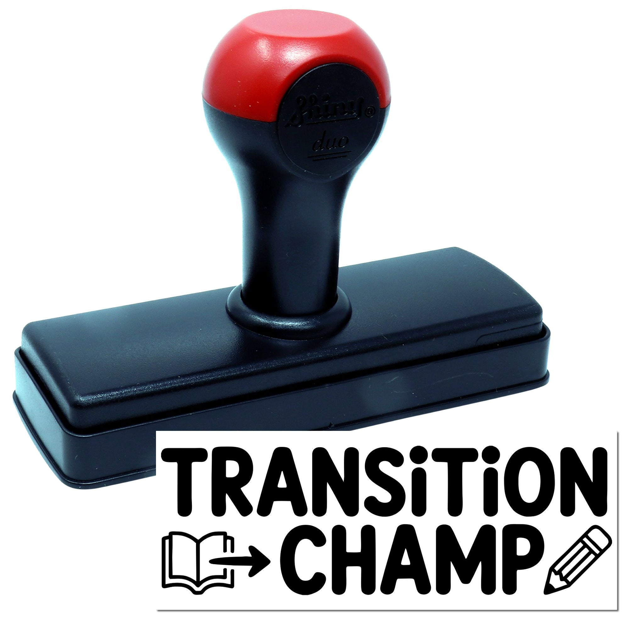 Black self-inking stamp with red handle and seal base, featuring Transition Champ branding