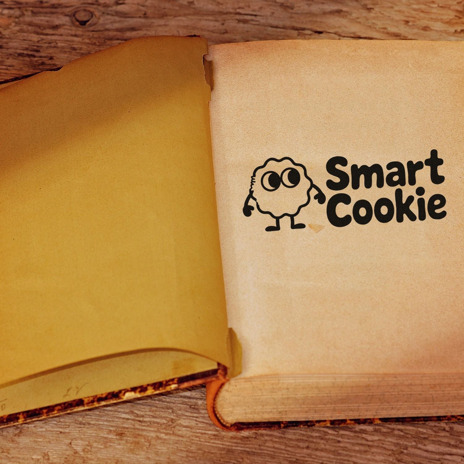 Open cream and yellow stamp-and-seal book with black Smart Cookie logo on rustic wood.