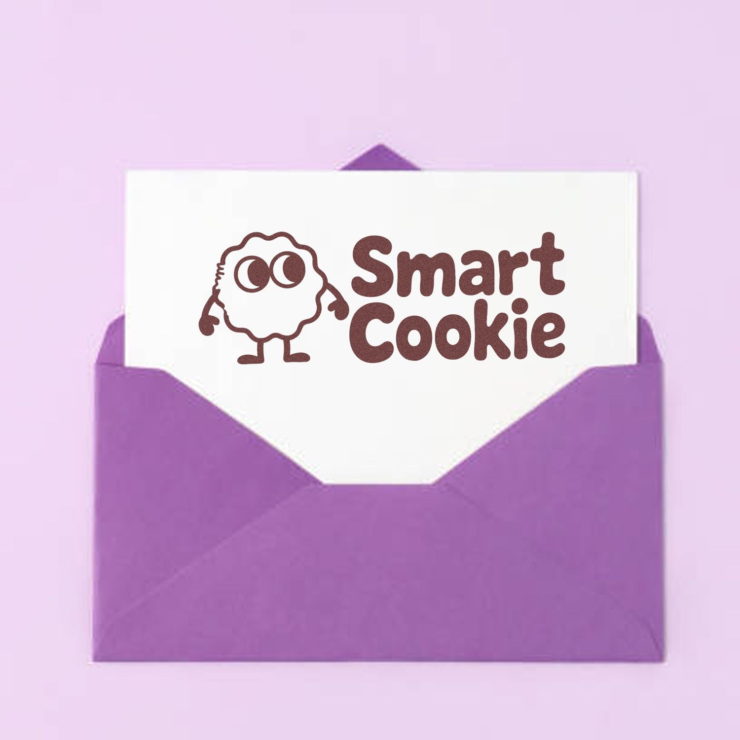 Purple envelope with white card showing brown rubber stamp seal, Smart Cookie text, and cartoon cookie icon.