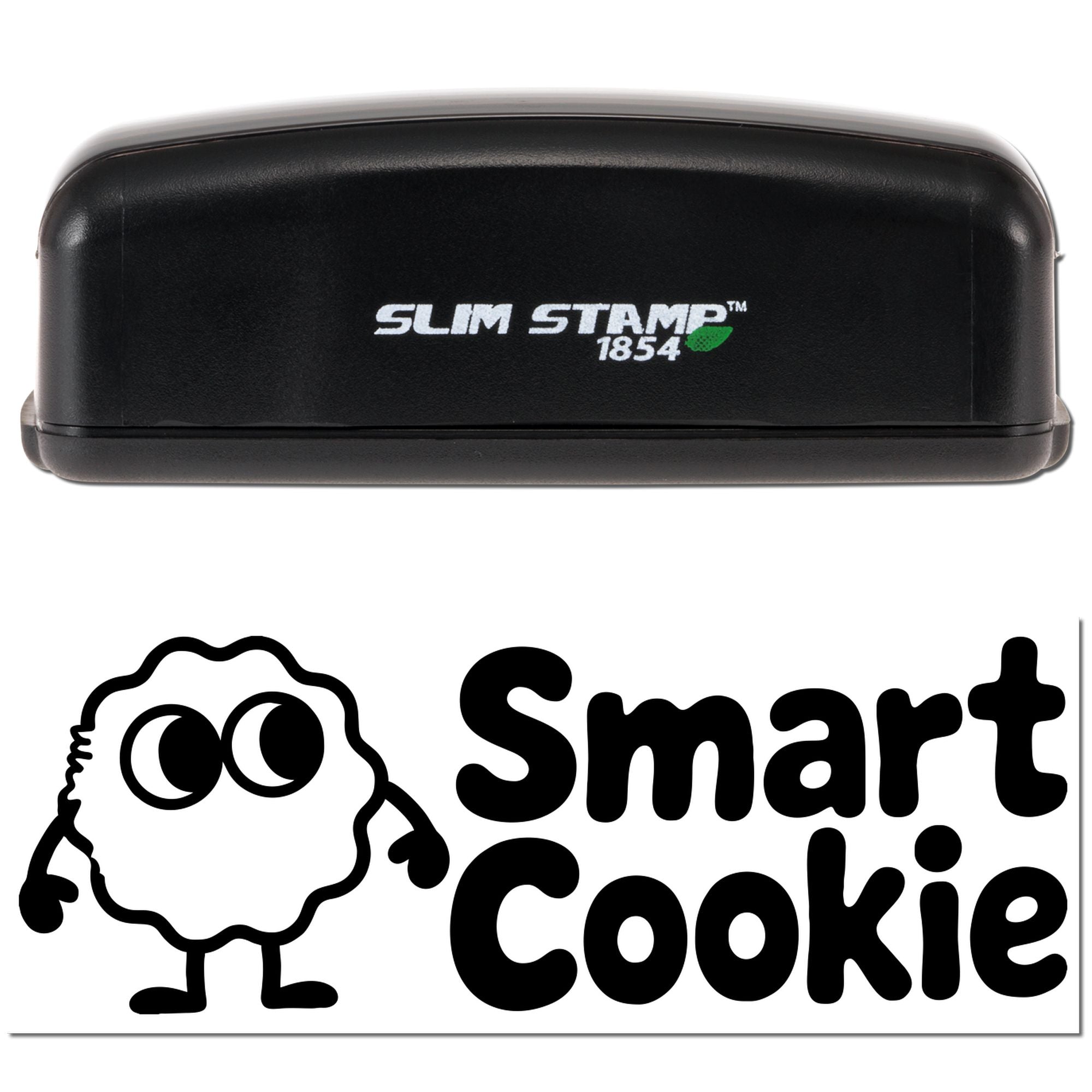 Black Slim Stamp 1854 self-inking stamp and seal with Smart Cookie logo and bold black branding on white background.