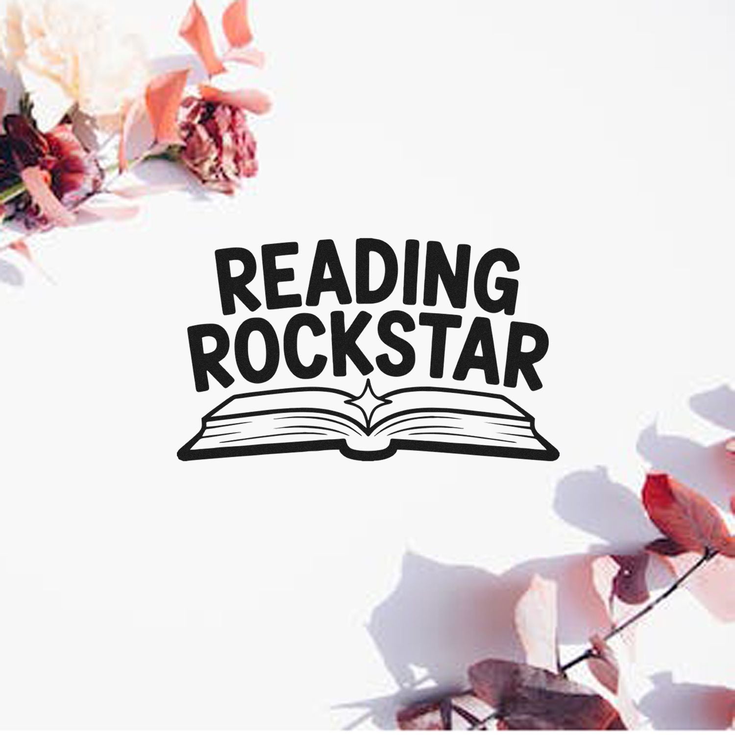Black Reading Rockstar stamp seal with open book icon, framed by pink and red floral accents on a white background.