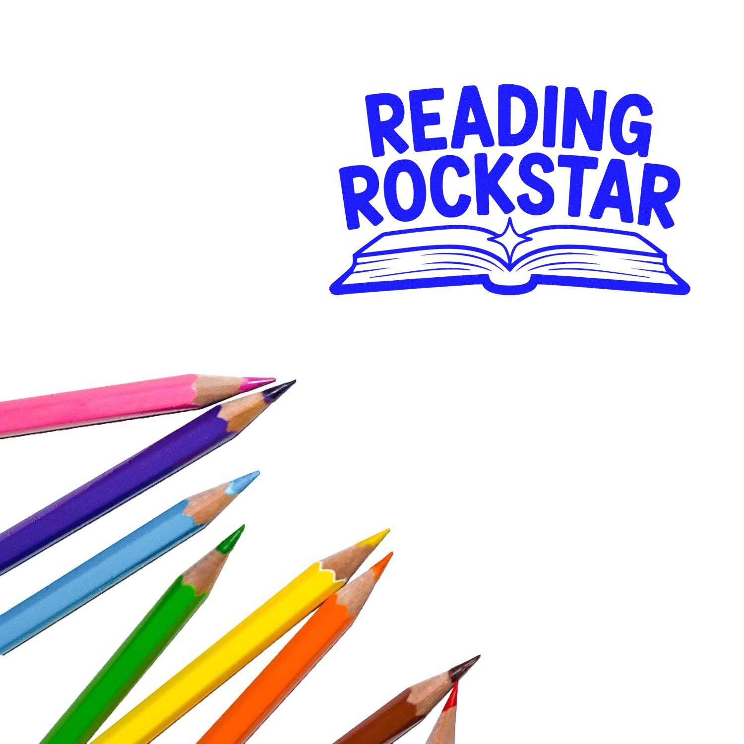 Blue Reading Rockstar stamp seal with open book icon, surrounded by colorful pencils on a white background