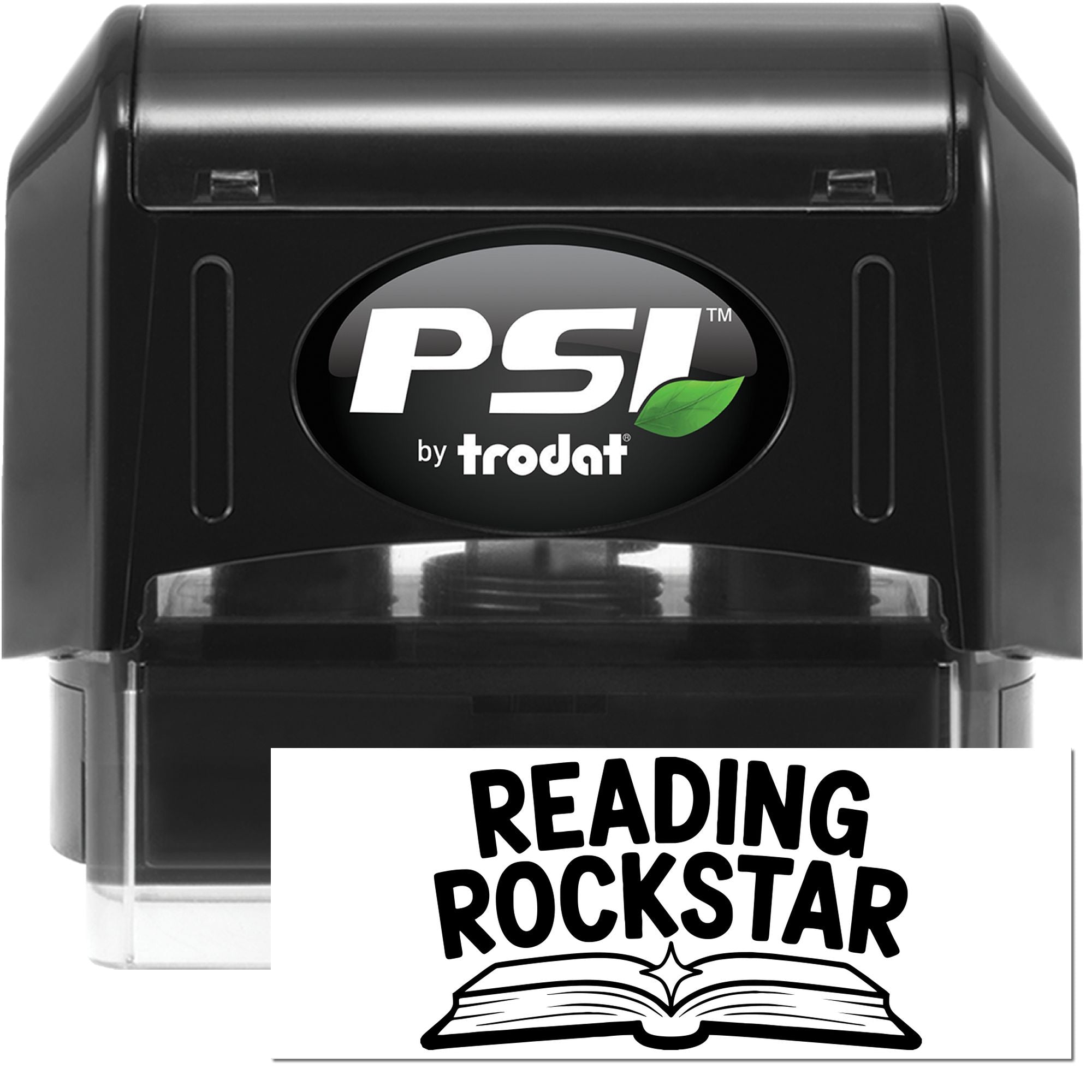 Black PSI by Trodat self-inking stamp with white Reading Rockstar seal and open-book icon.