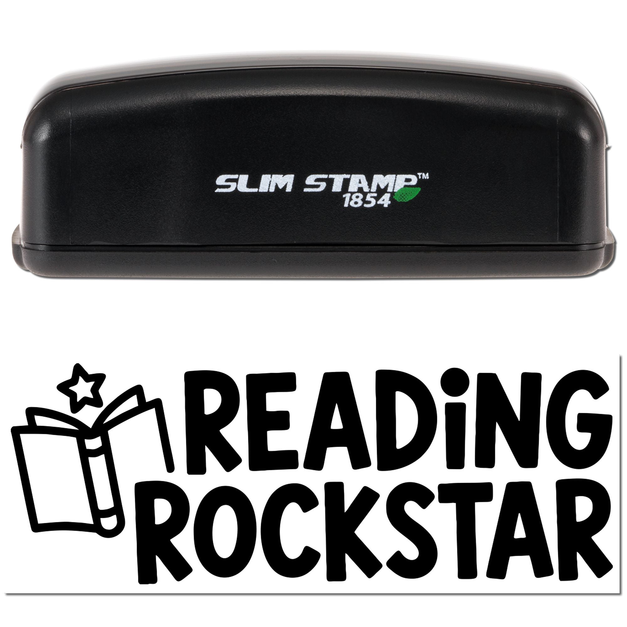 Black Slim Stamp 1854 stamp and Reading Rockstar seal with book icon, bold black lettering on a white background.