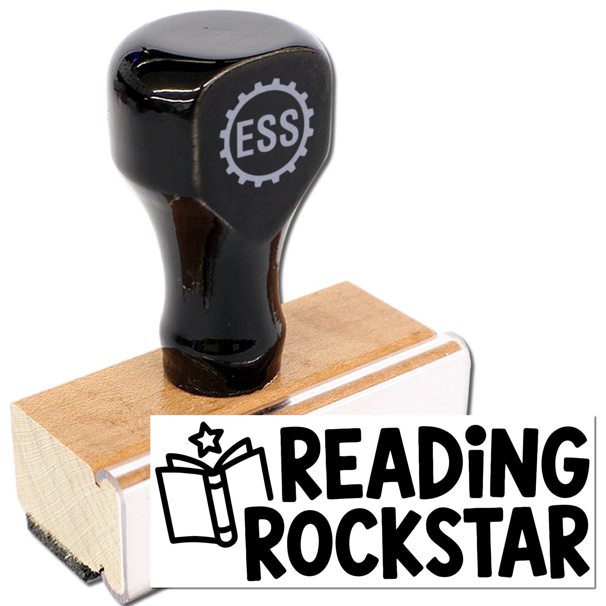 Black reading rockstar stamp and seal with wooden handle, white imprint, and ESS logo
