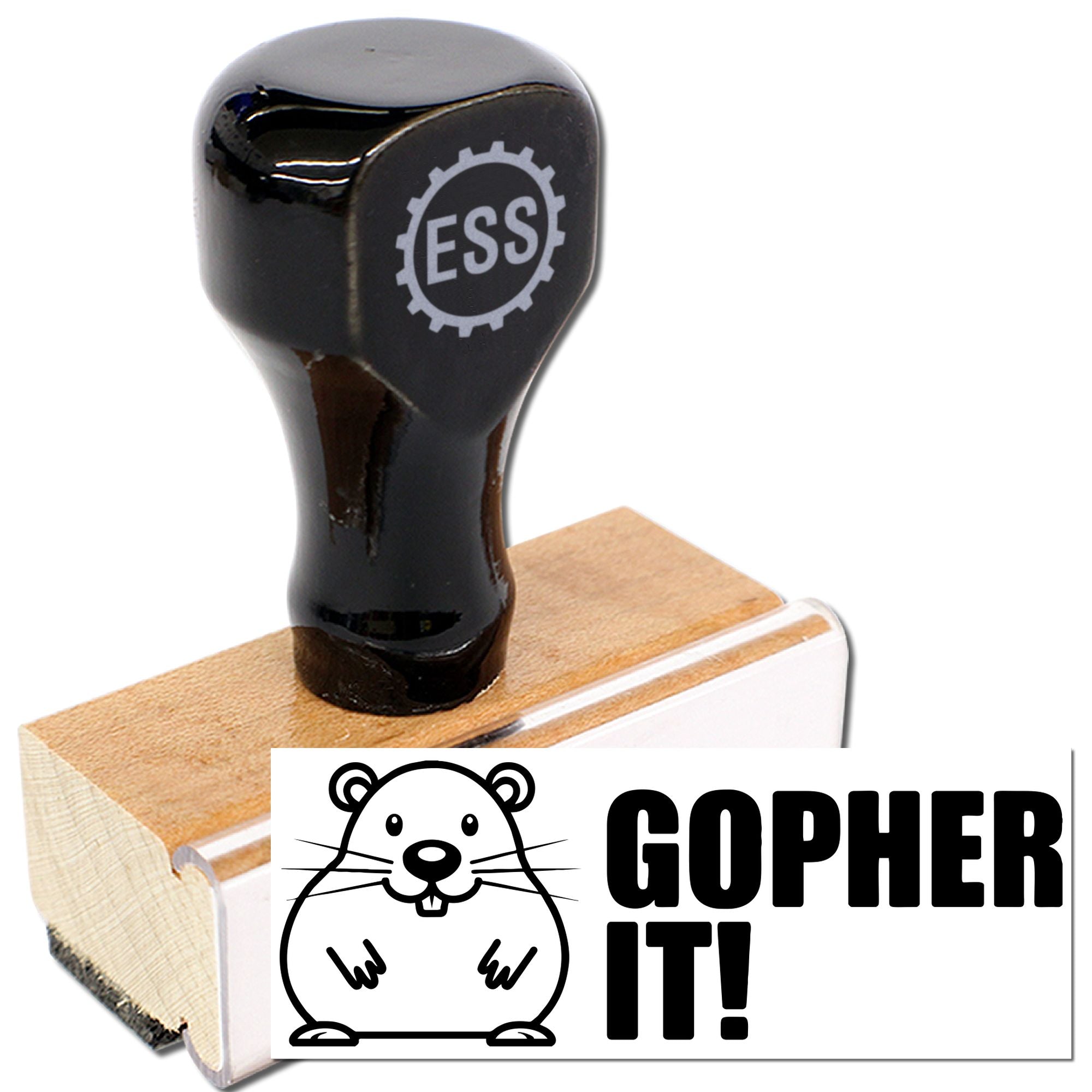 Black rubber stamp and wooden seal block with ESS logo, plus Gopher It! gopher design on white insert.