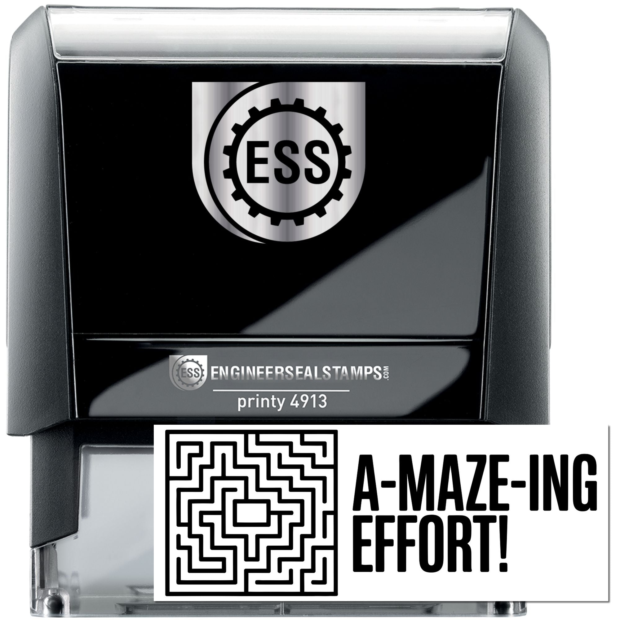 Black and silver ESS self-inking stamp with gear logo, plus clear seal stamp reading A-MAZE-ING EFFORT!