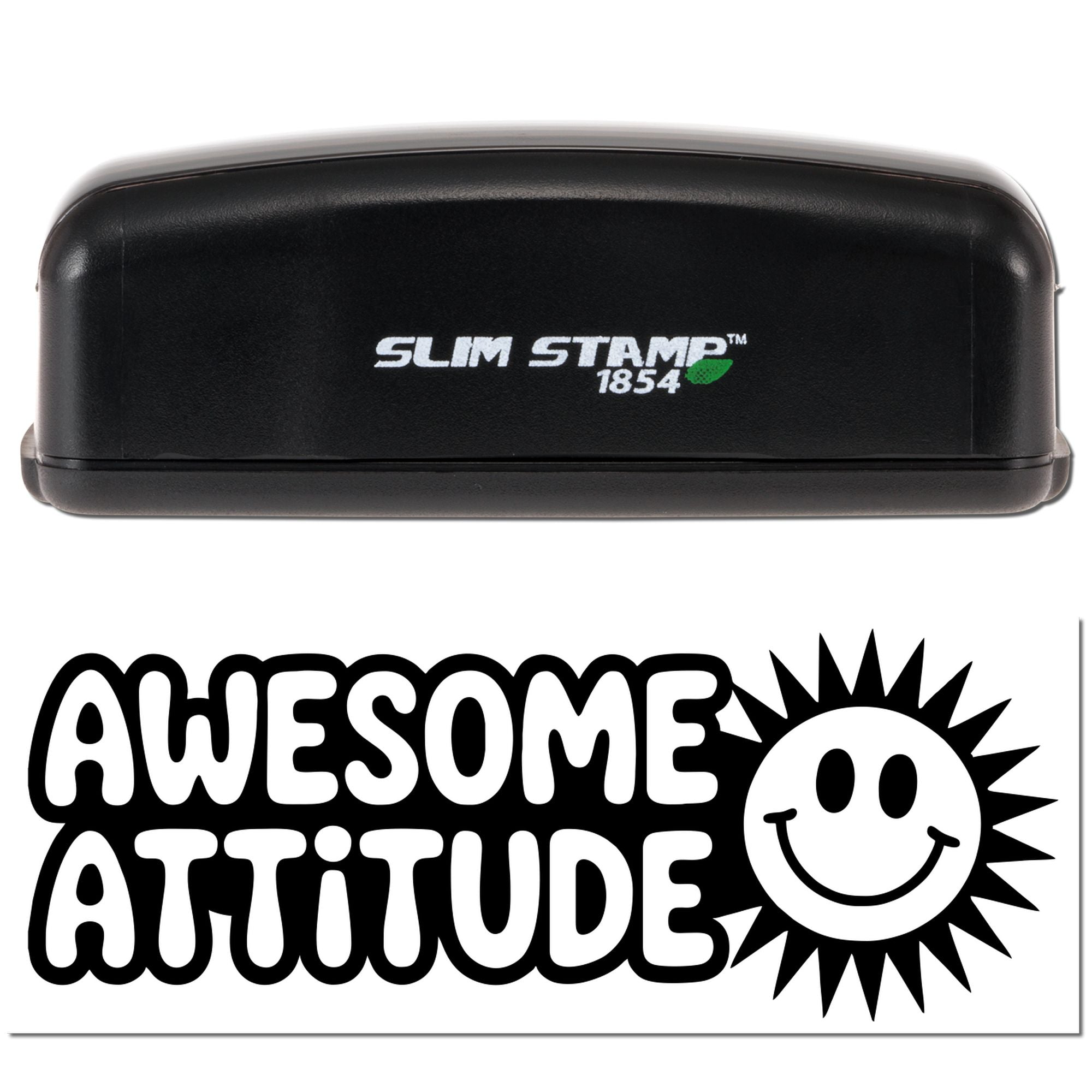 Black Slim Stamp 1854 stamp case above a white sticker seal reading AWESOME ATTITUDE with a black smiley sun graphic.