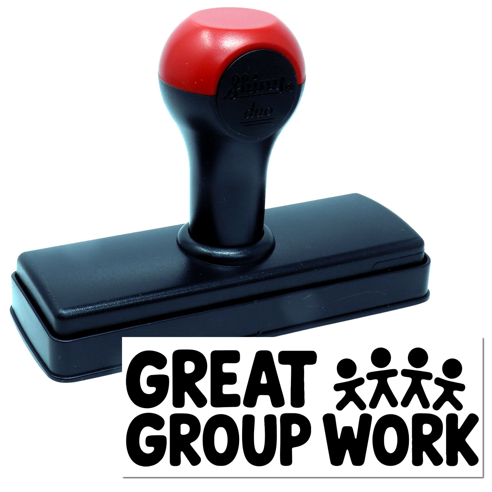 Red and black self-inking stamp with rectangular base and Great Group Work seal impression.