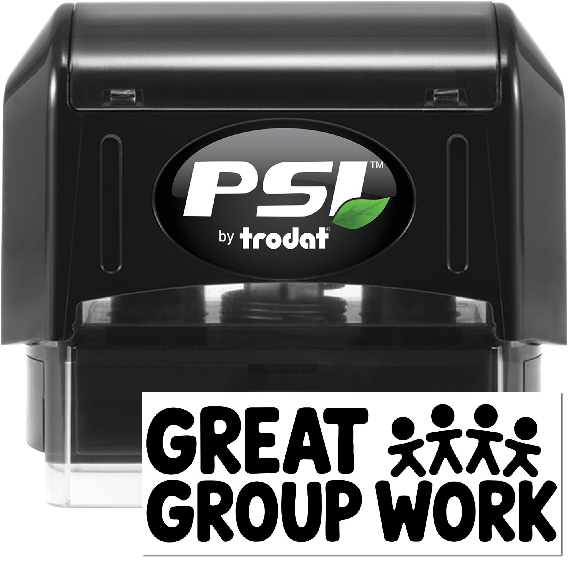 Black PSI by trodat self-inking stamp and seal, black casing with green leaf logo and GREAT GROUP WORK text.