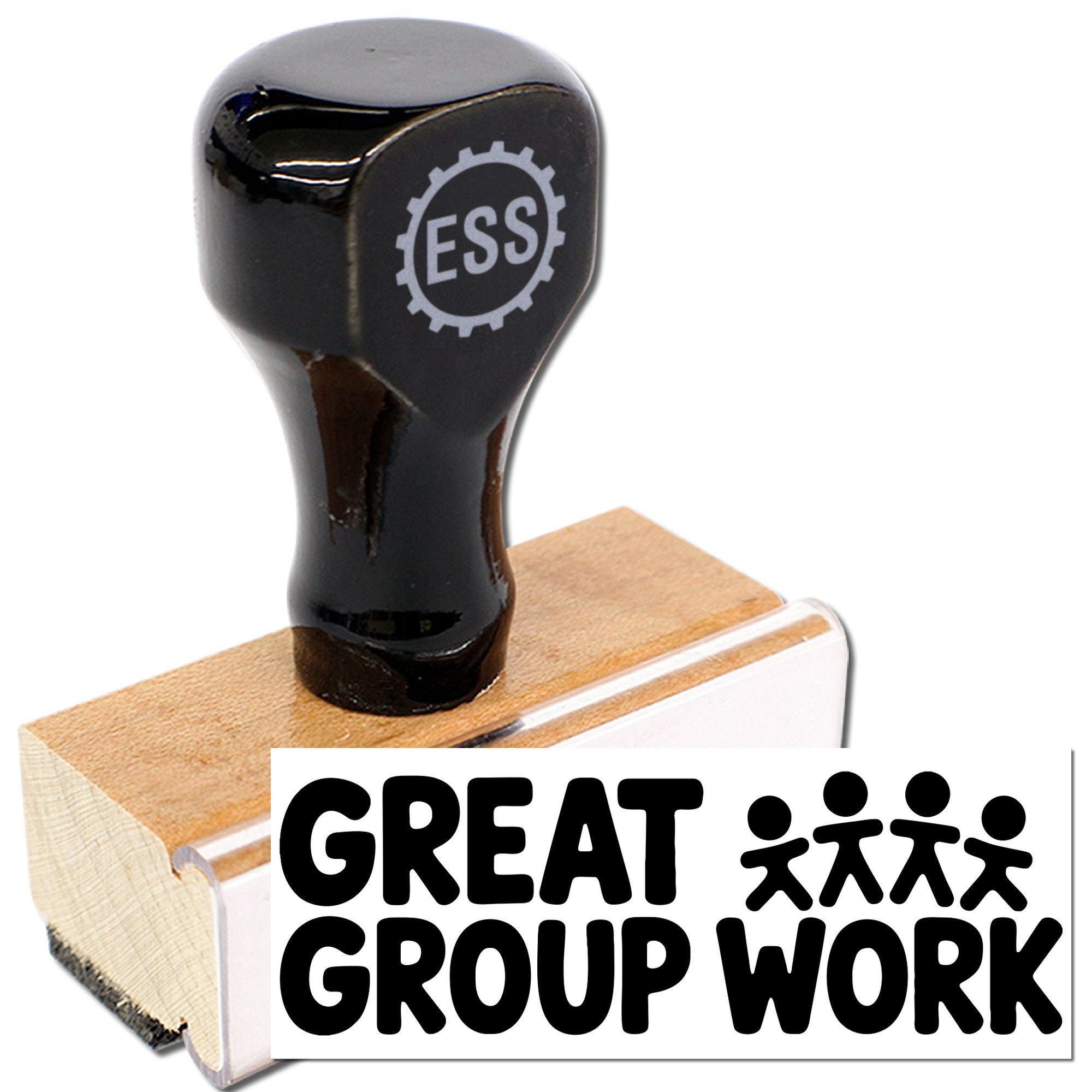 Black ESS self-inking stamp with wooden base and bold black GREAT GROUP WORK seal imprint.