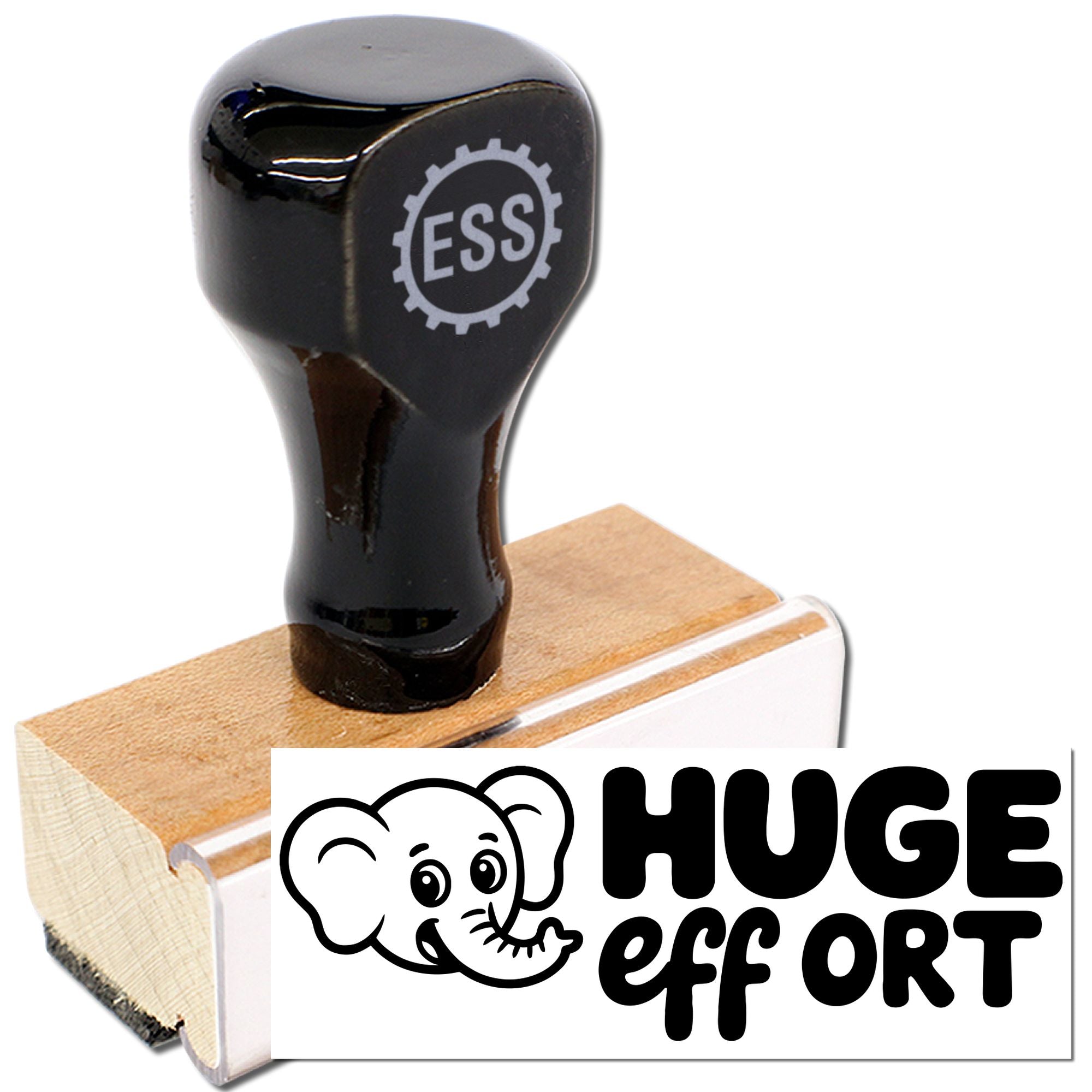 Black rubber stamp and seal on a wooden mount, with ESS logo and bold HUGE effort elephant design.