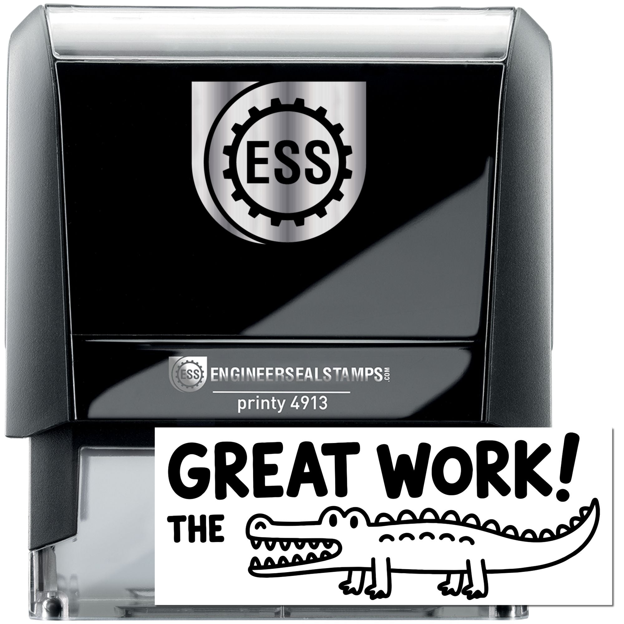 Black self-inking engineer seal stamp with silver ESS logo and GREAT WORK! crocodile design.