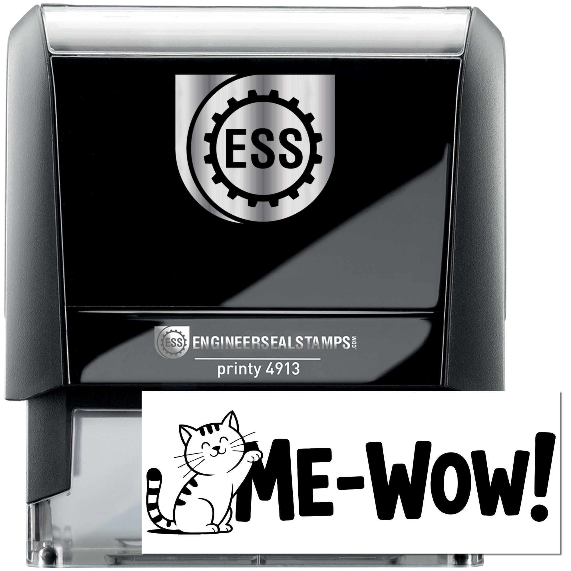 Black self-inking stamp and seal set with silver ESS logo and cat ME-WOW! design