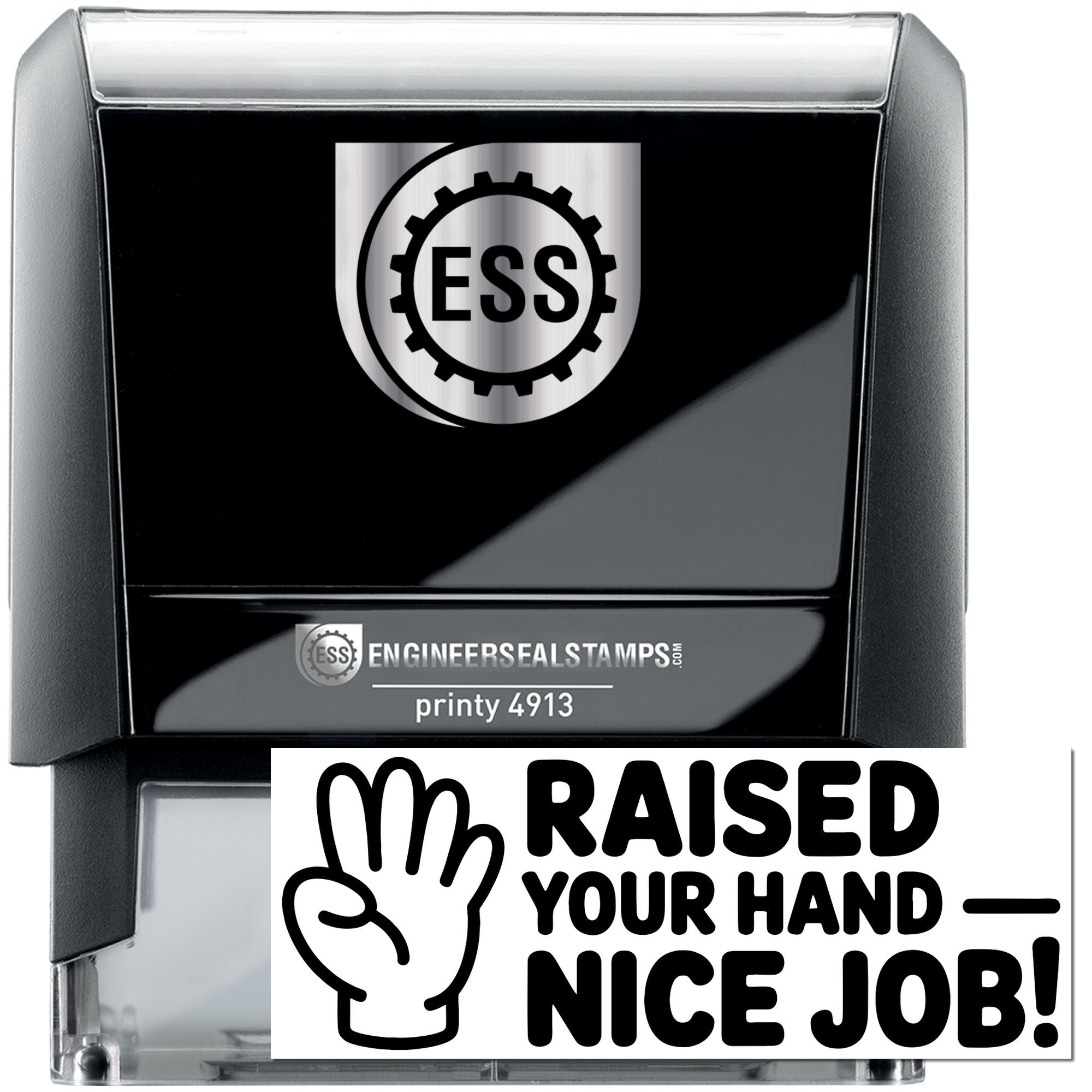 Black self-inking stamp and seal set with silver ESS logo and raised-hand Nice Job design.