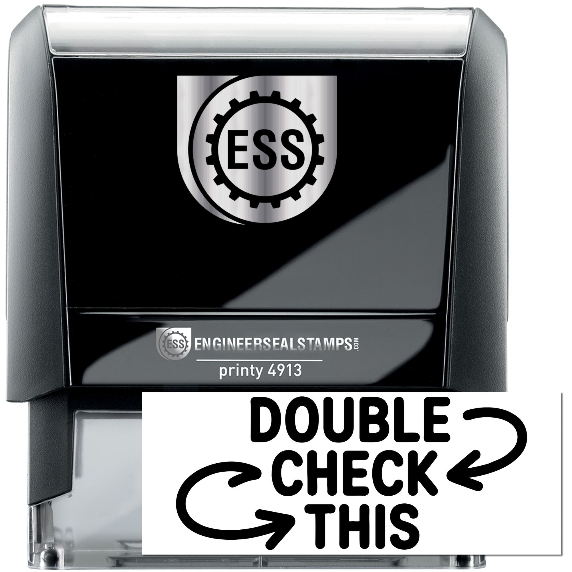 Black ESS self-inking stamp and seal with double-check design and clear case.