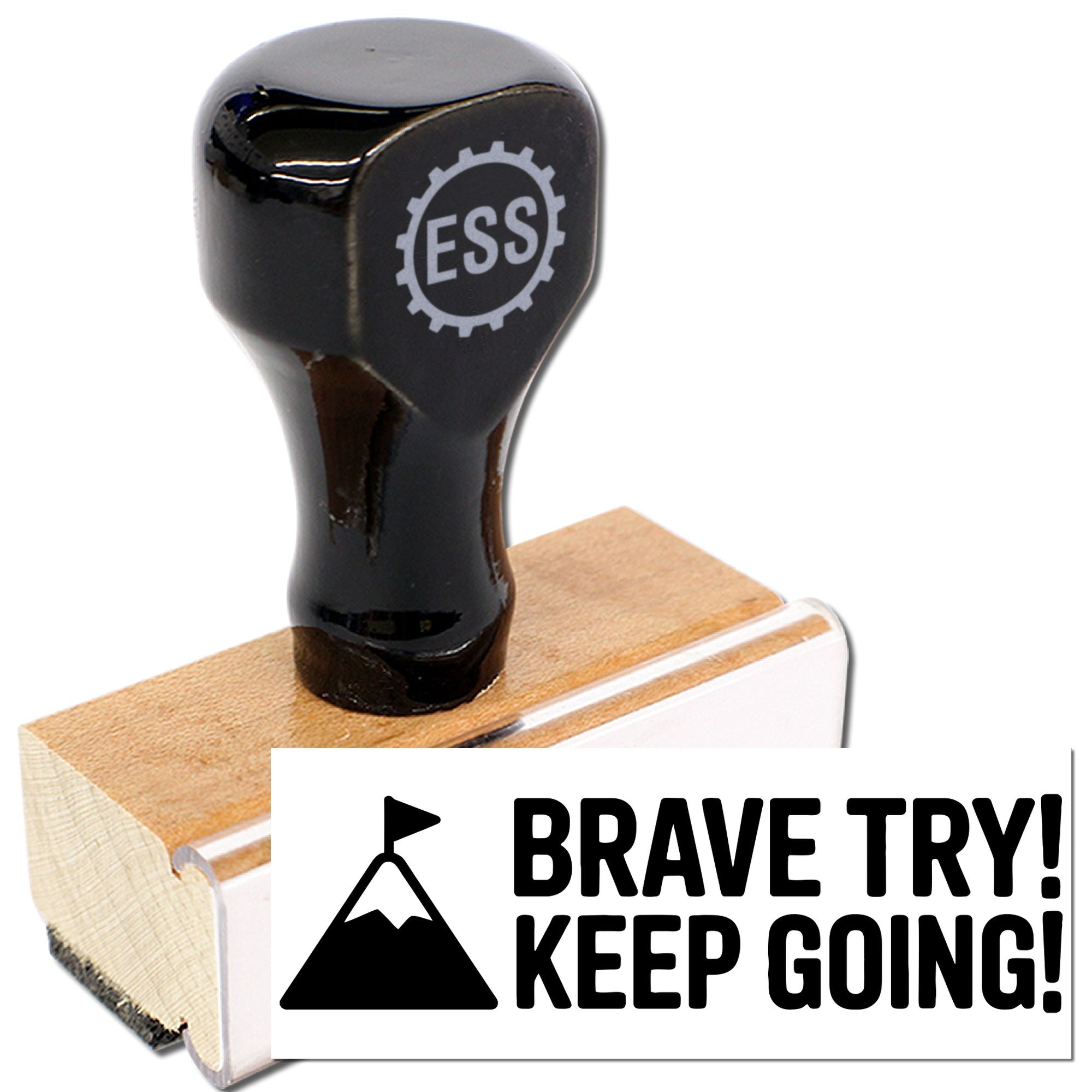 Black ESS stamp on wooden block beside white seal reading BRAVE TRY! KEEP GOING!