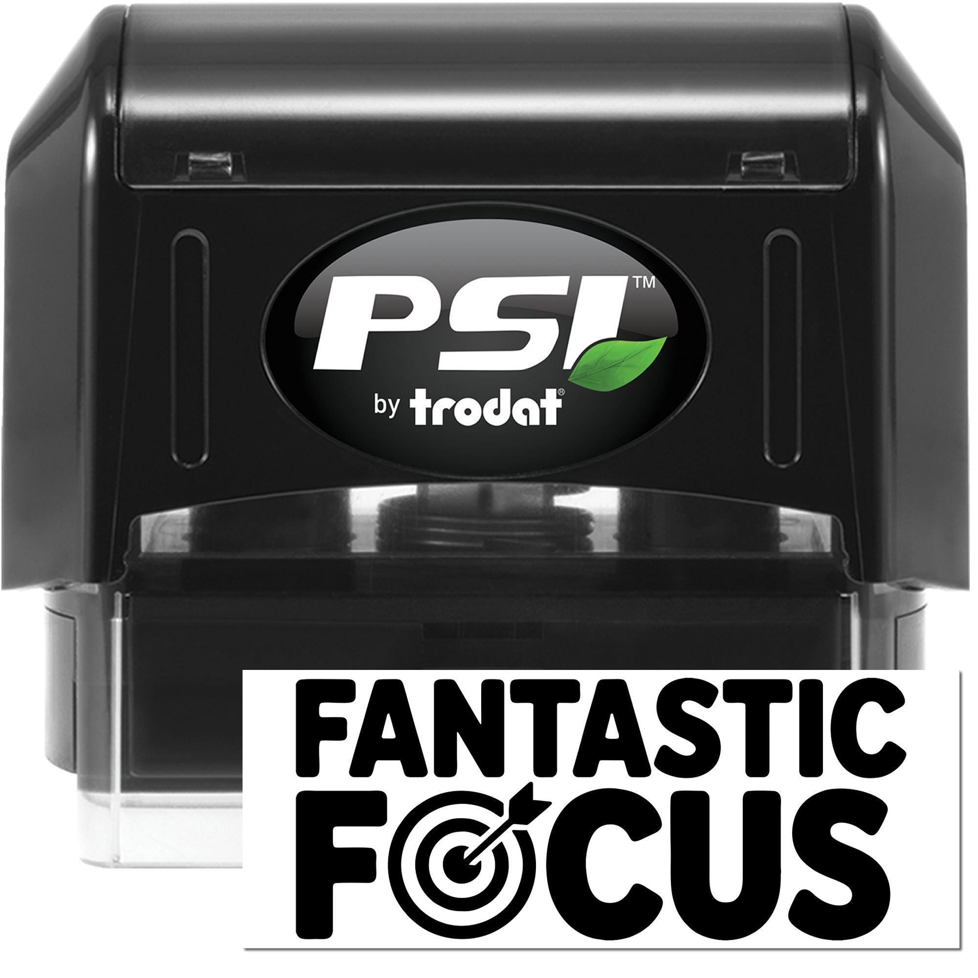 Black PSI by Trodat self-inking stamp and seal with green leaf logo and Fantastic Focus branding