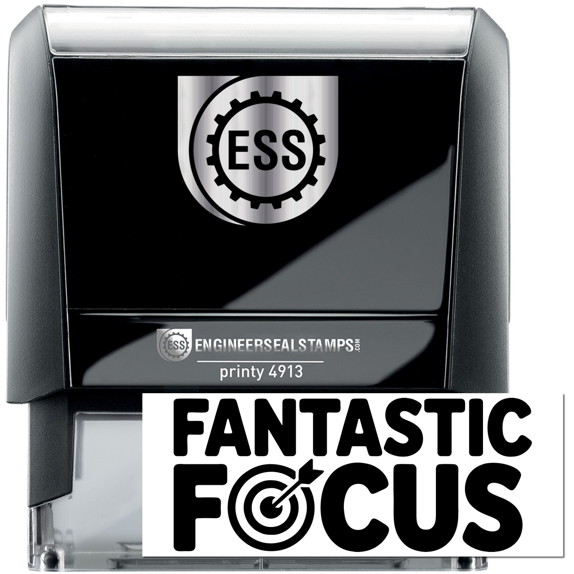 Black self-inking engineer seal stamp with silver ESS logo and bold FANTASTIC FOCUS text.