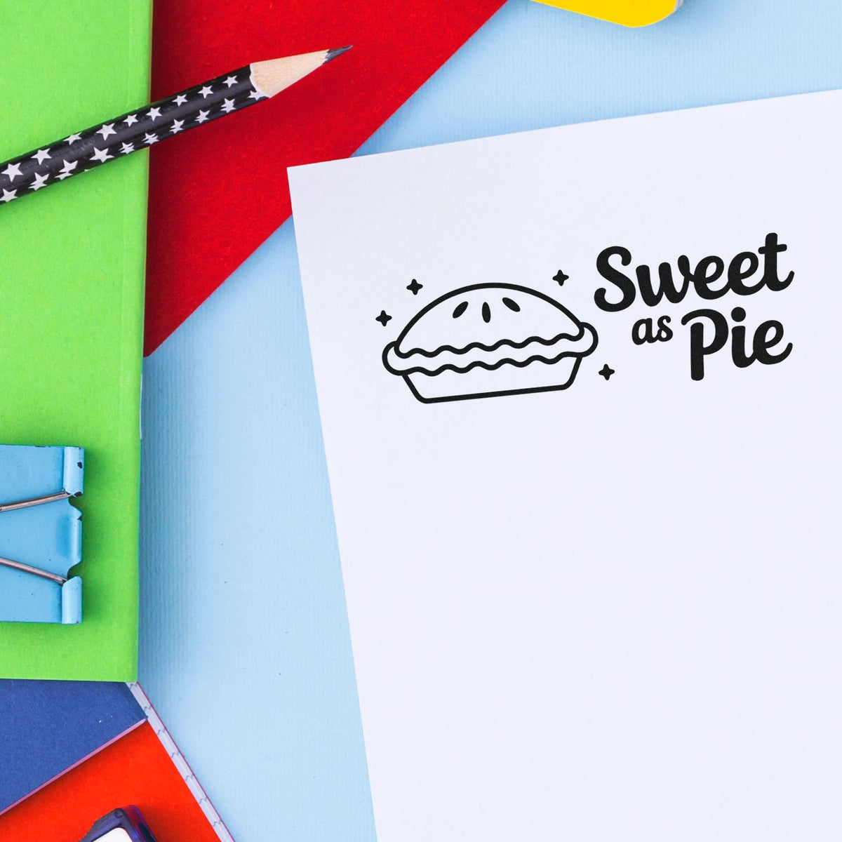 Shiny Teacher Feedback Stamp featuring a sweet pie illustration, used for providing positive comments on student work.