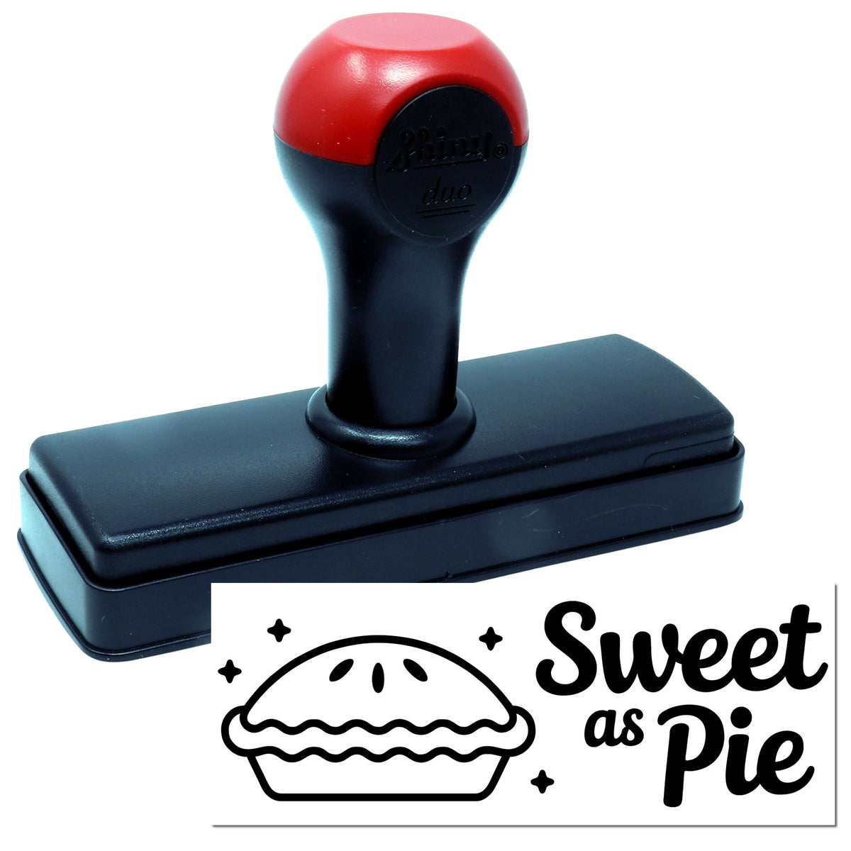 Shiny Teacher Feedback Stamp featuring a sweet pie illustration, black ink, and playful design for positive classroom comments.