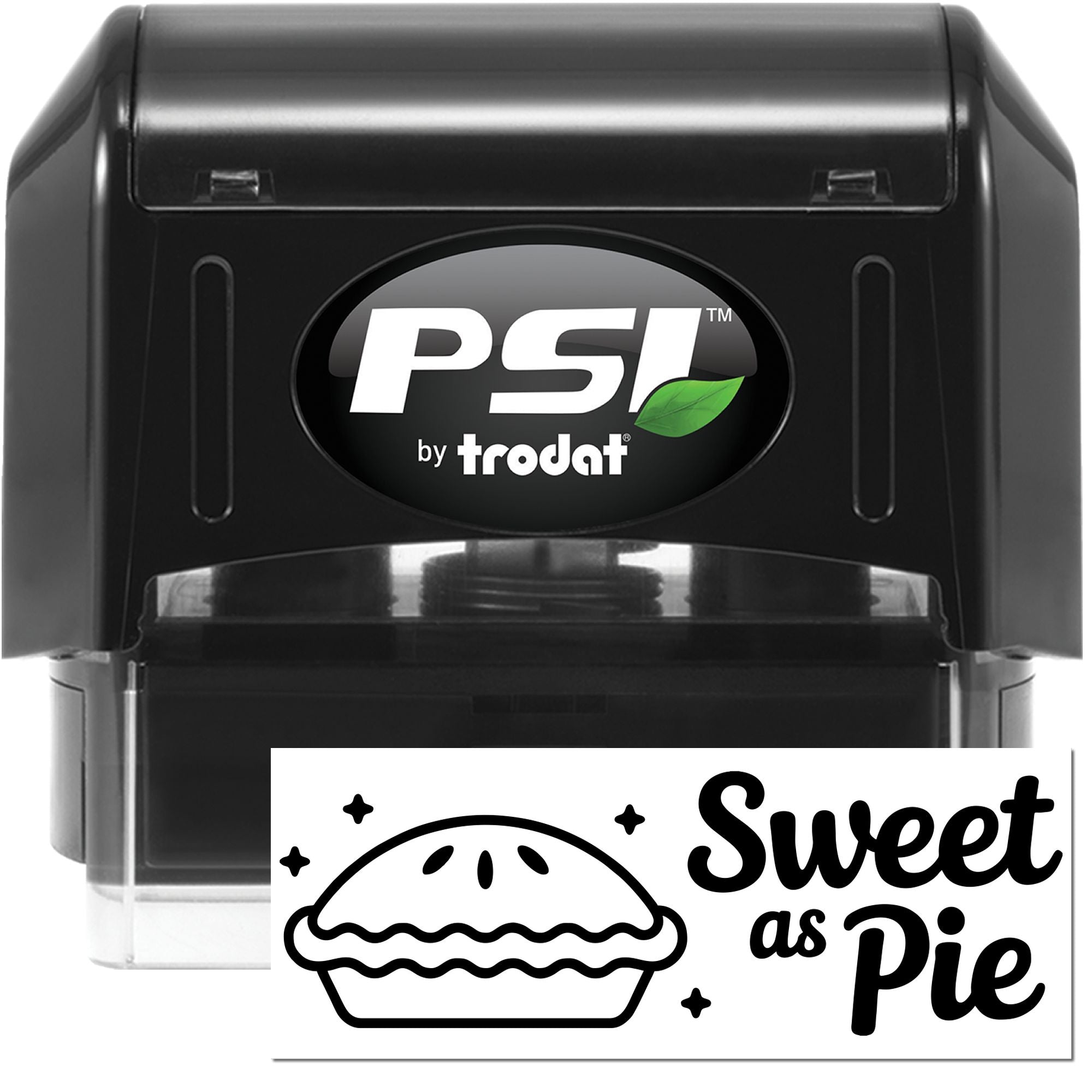 Black PSI by trodat self-inking stamp with Sweet as Pie pie seal, black-and-white design on white background.