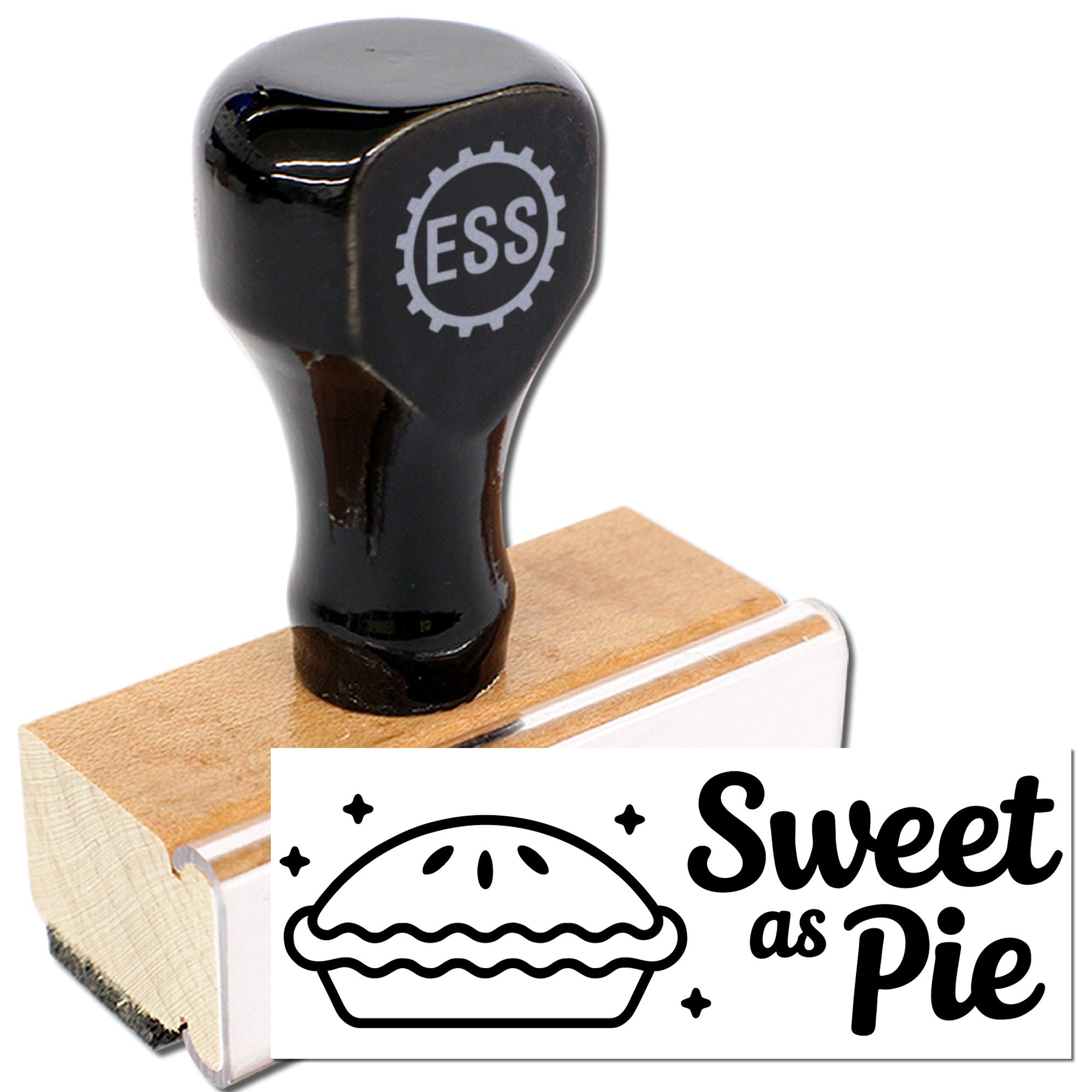 Black ESS custom rubber stamp on wood block with Sweet as Pie pie-themed seal design.