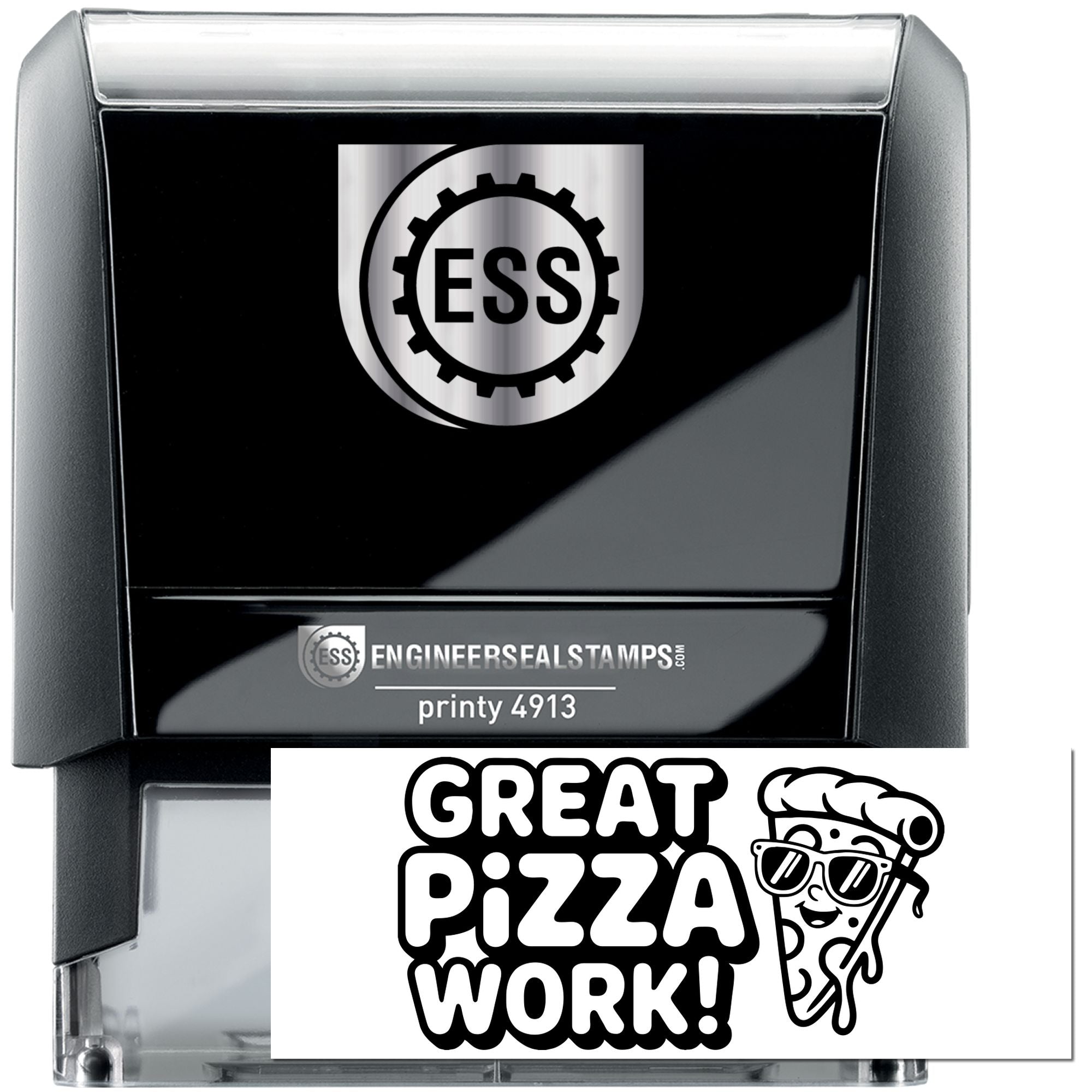 Black and silver self-inking stamp and seal set with ESS logo and Great Pizza Work! pizza slice imprint.