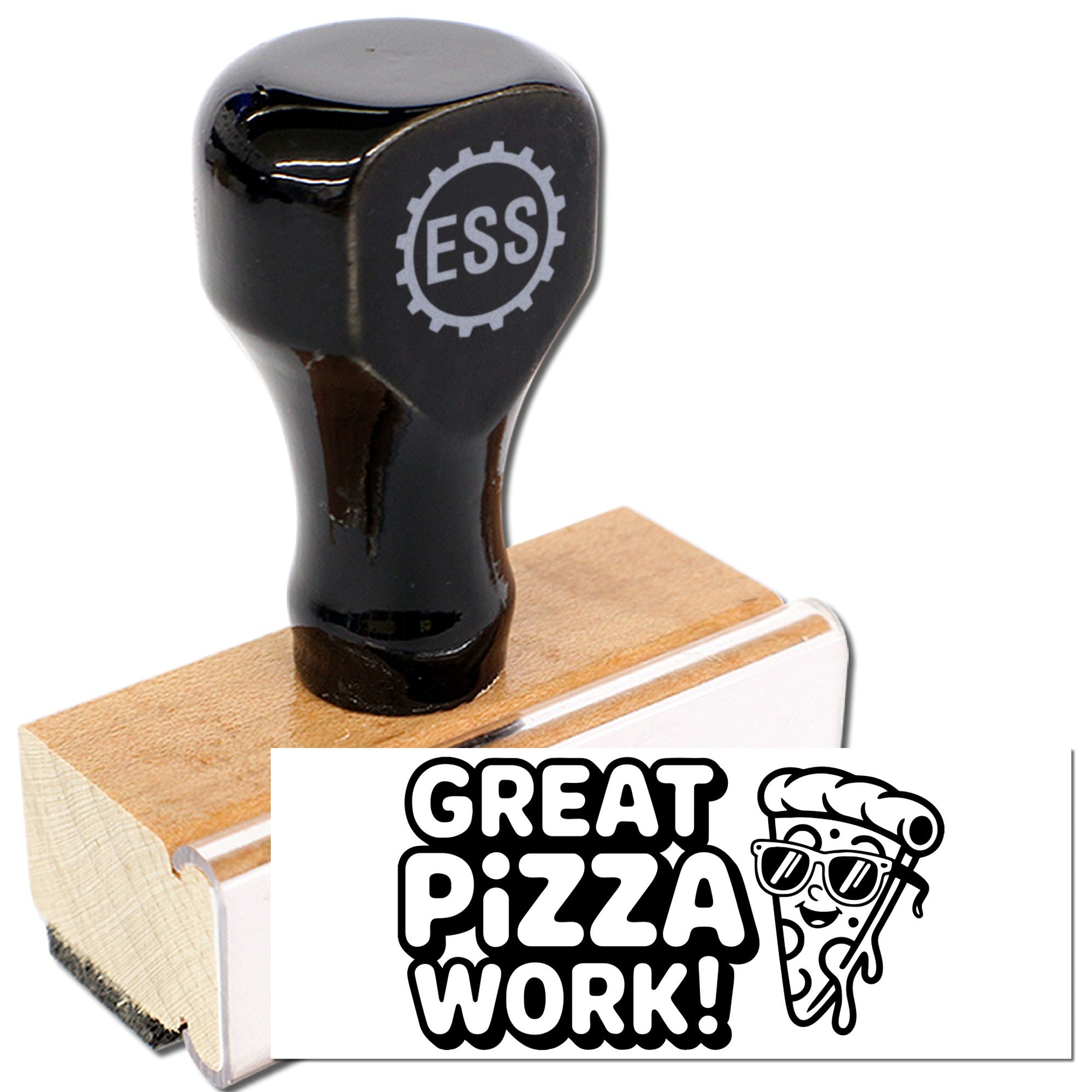 Black custom rubber stamp on wooden base with ESS gear logo, plus Great Pizza Work! pizza seal design in black and white.
