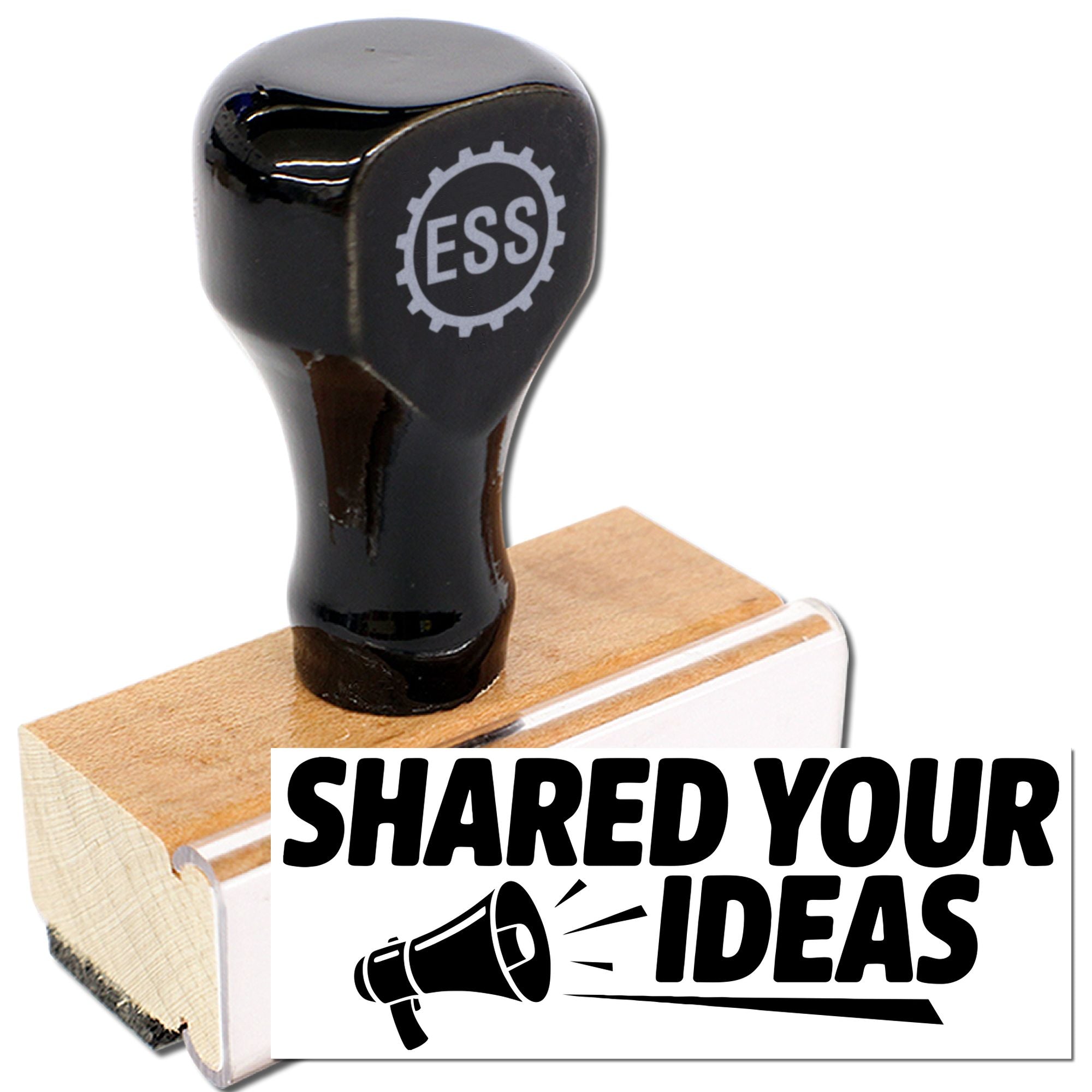 Black ESS stamp seal with wooden handle and bold Shared Your Ideas imprint on white background